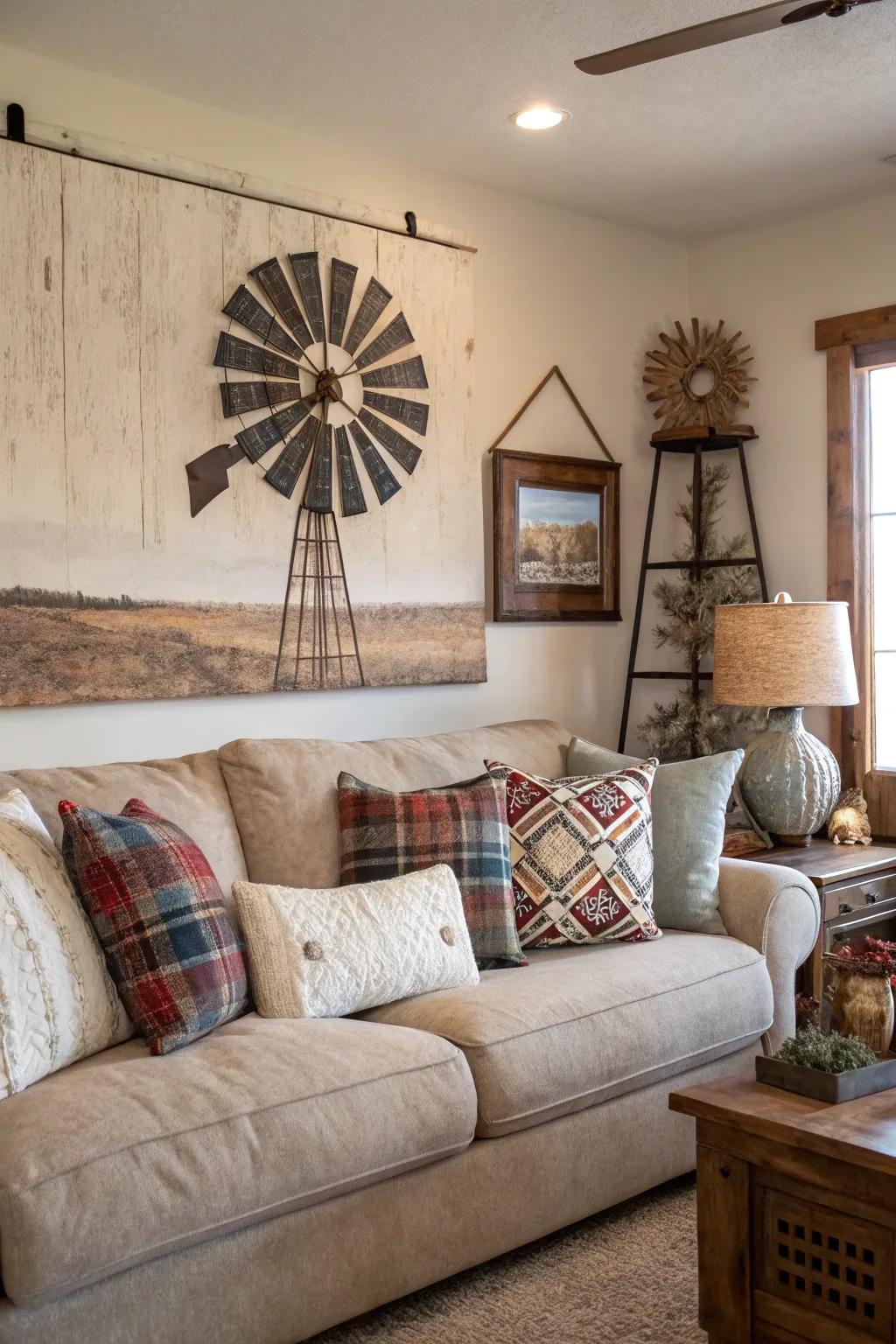 Windmill art pieces beautifully accentuate living room decor.