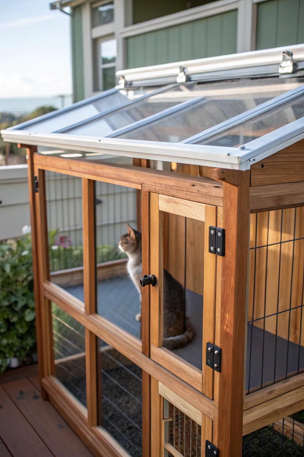 Crafted Haven: A sleek window catio with a weatherproof polycarbonate roof, perfect for your feline friend's outdoor adventures.