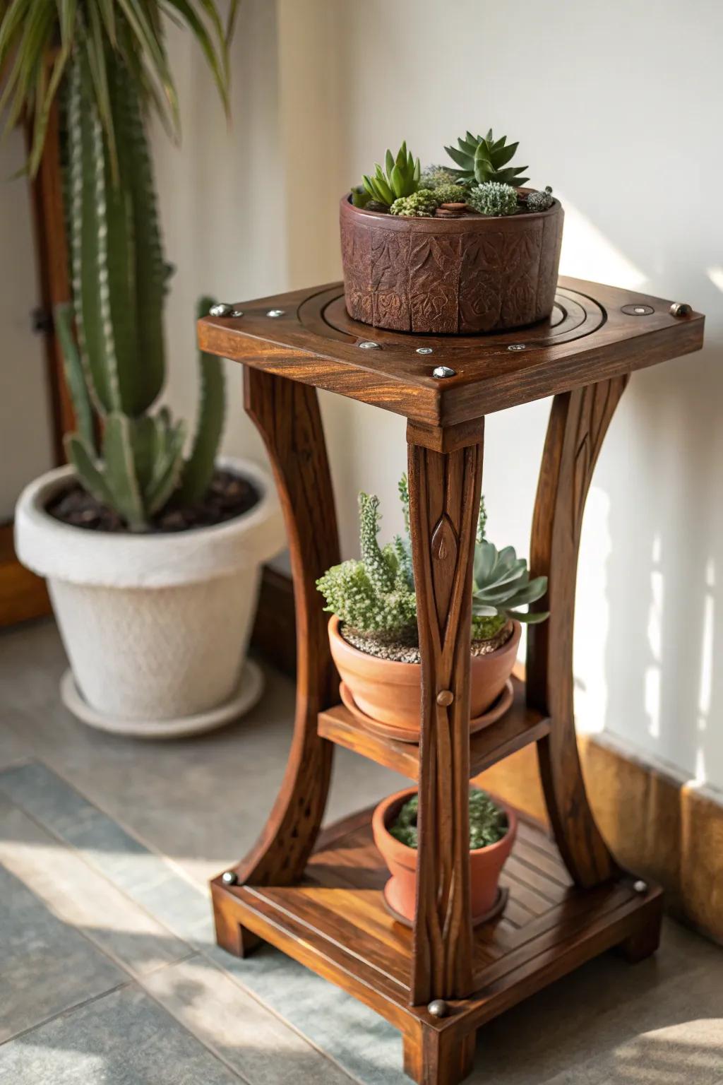 Elevate your space with this exquisite wooden plant stand, where nature meets artistry.