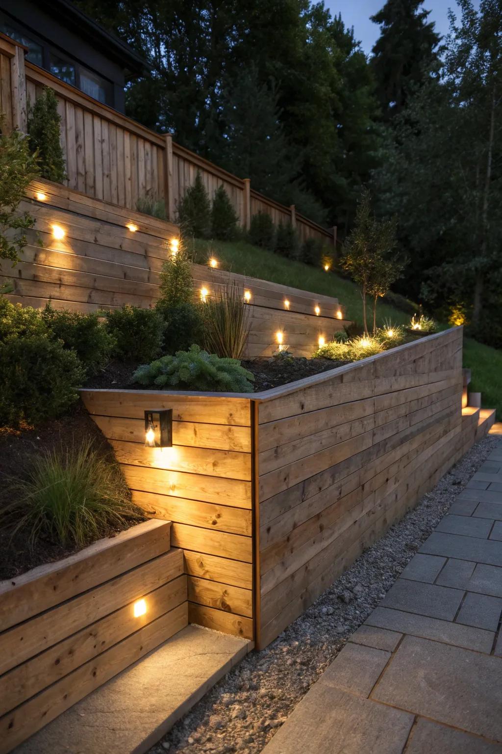 Illuminate your backyard oasis with eco-friendly LED lighting, perfectly integrated into a handcrafted wooden retaining wall.