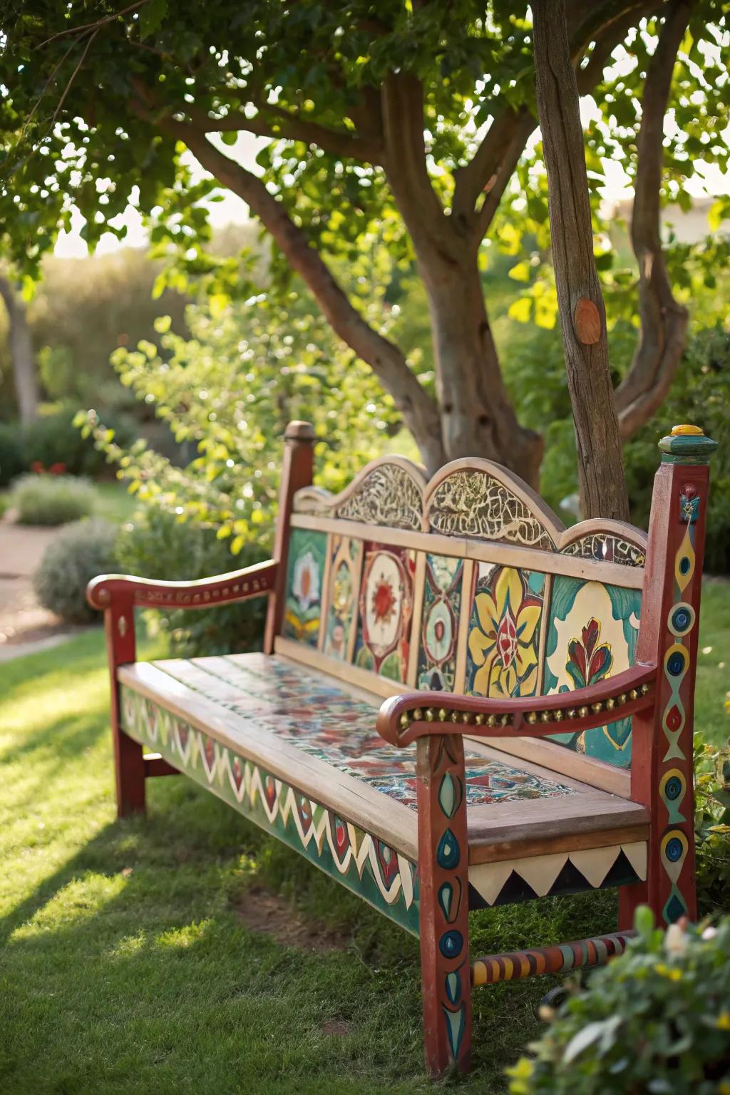 Add a splash of color to your outdoor space with a whimsical painted bench, where craftsmanship meets creativity.