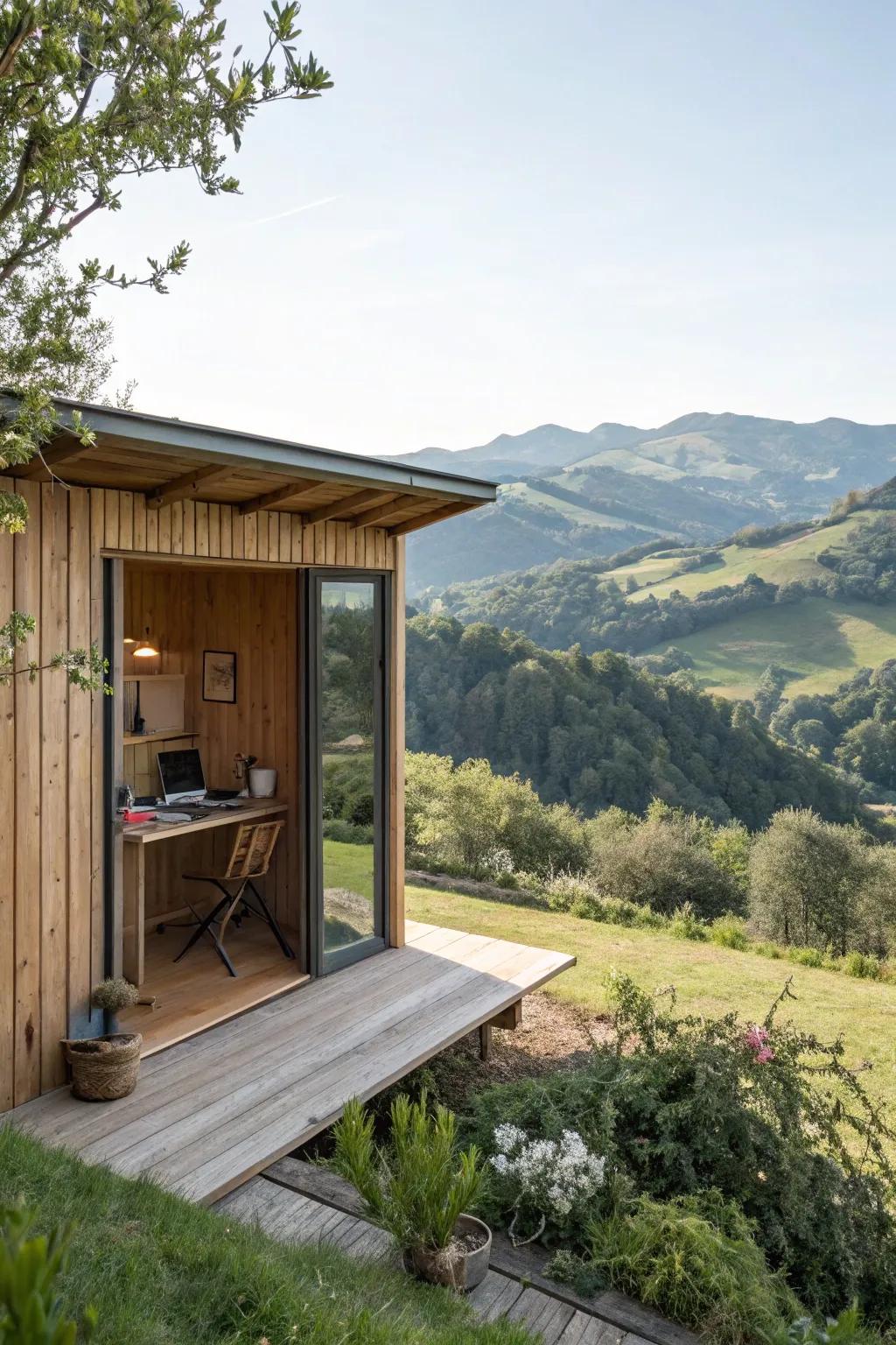 An elevated writing shed offering breathtaking views for endless inspiration.