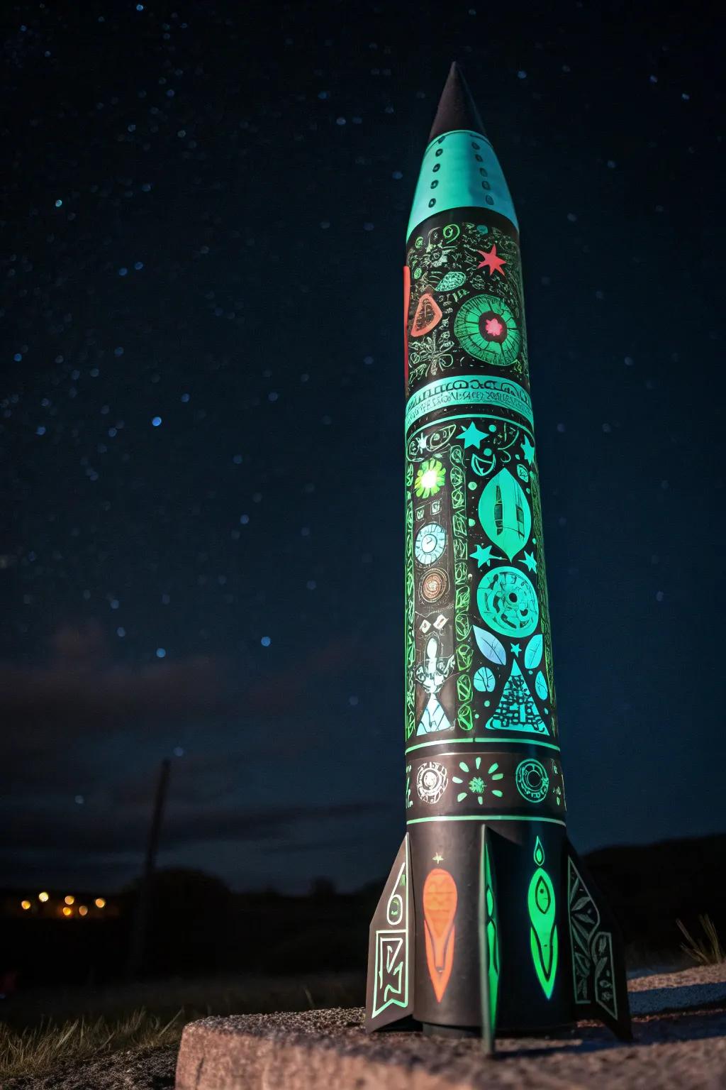 Illuminate the night skies with your handcrafted glow-in-the-dark rocket design.
