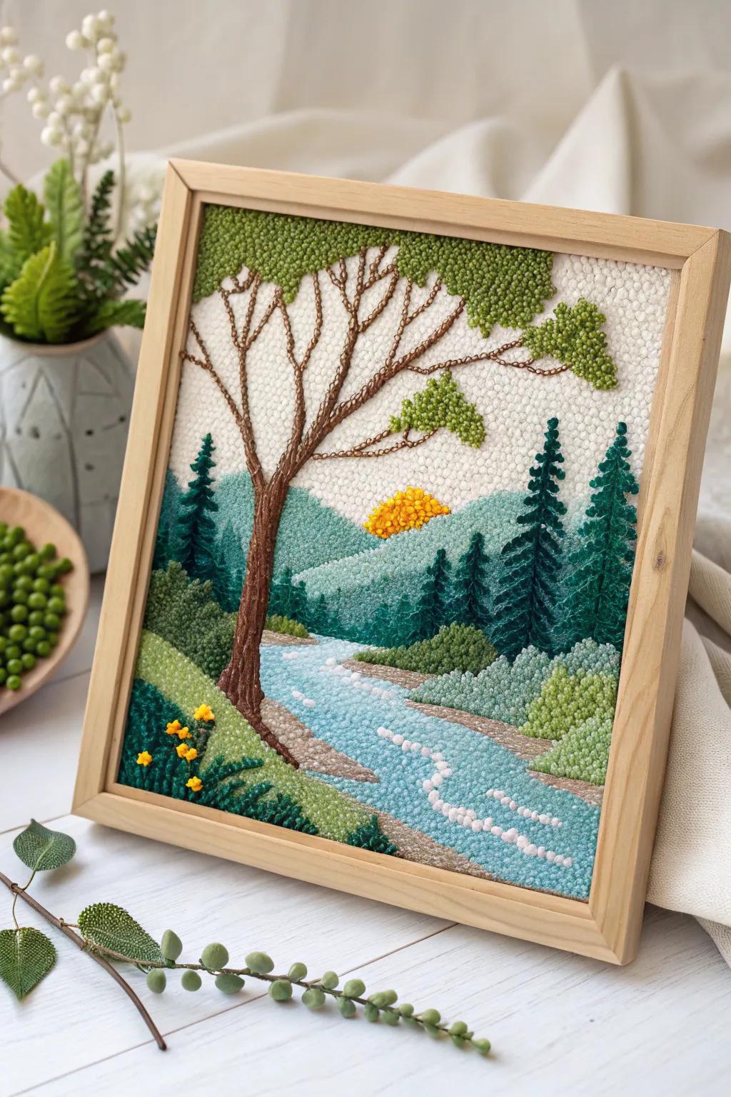 Nature's magic captured in perler beads: an enchanting forest landscape for your minimalist haven.