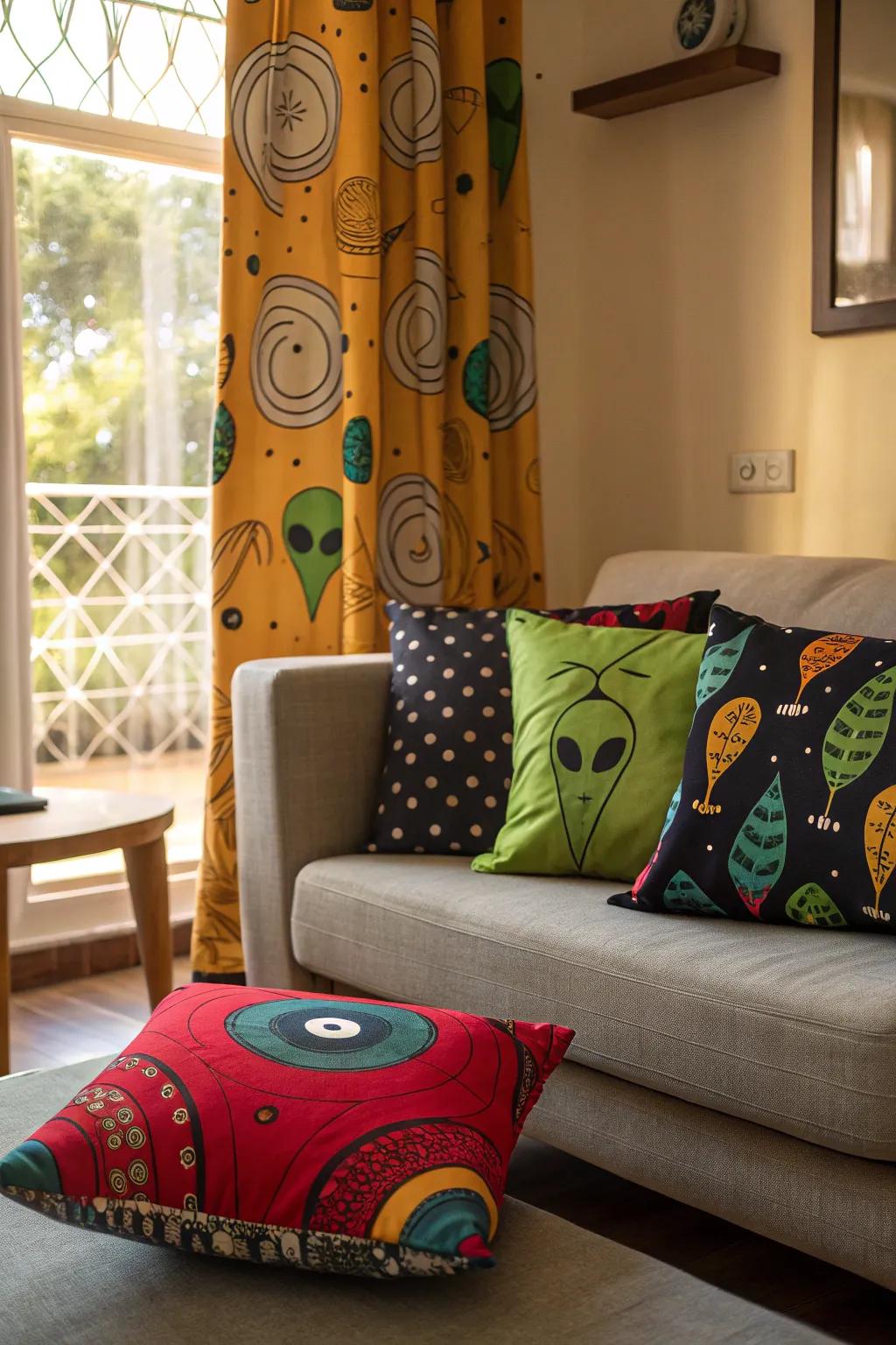 Alien-inspired textiles adding vibrancy and intrigue.