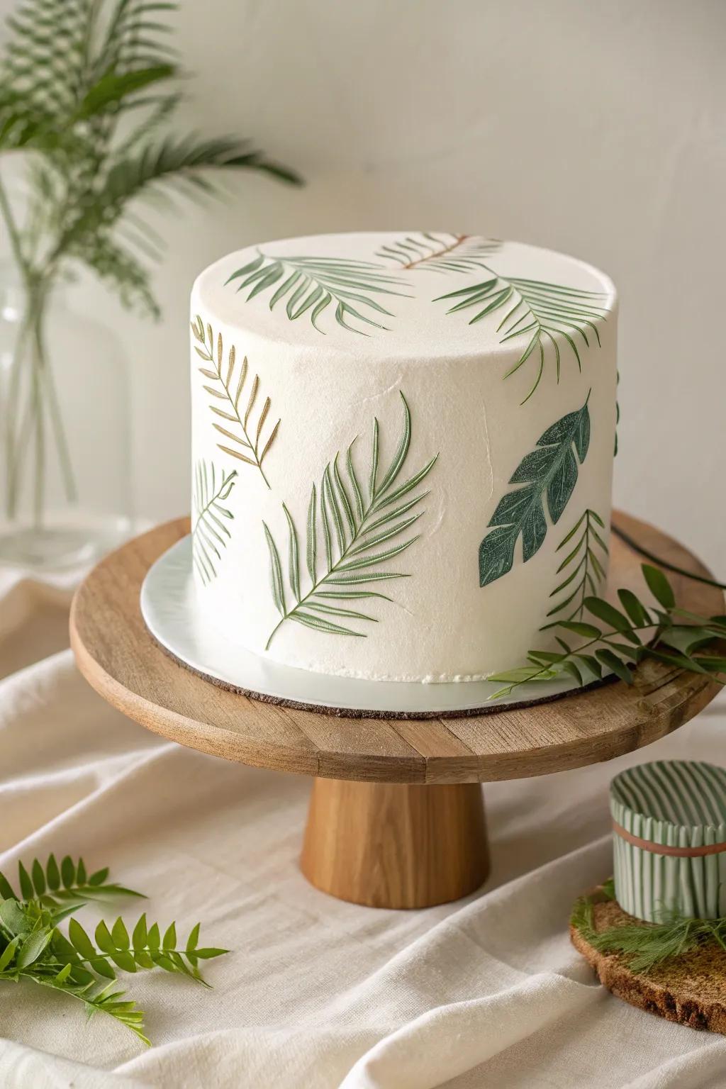 Celebrate with simplicity: A palm-leaf patterned cake that brings a touch of aloha elegance to your special day.