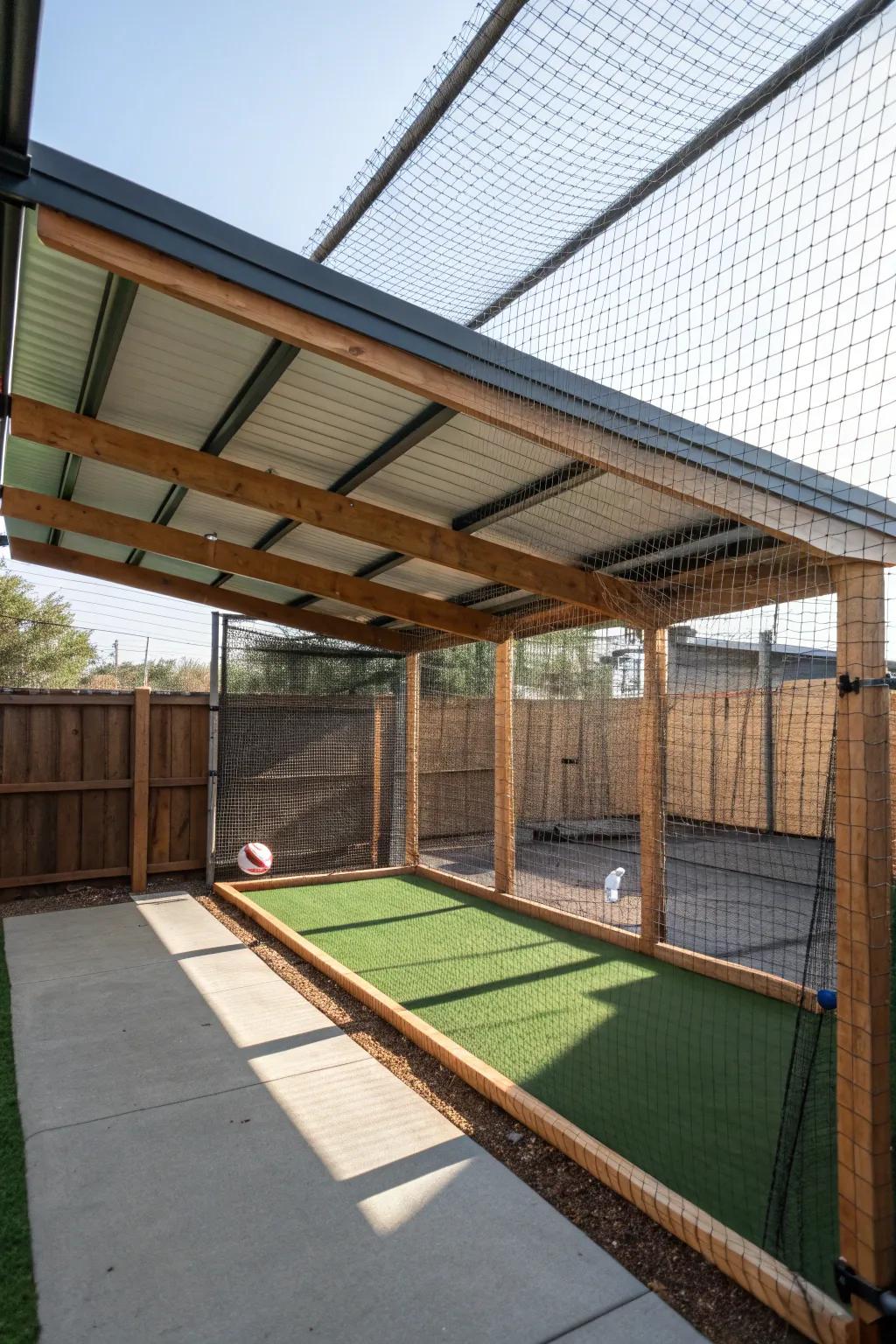 A well-crafted roofed batting cage: play ball, rain or shine.