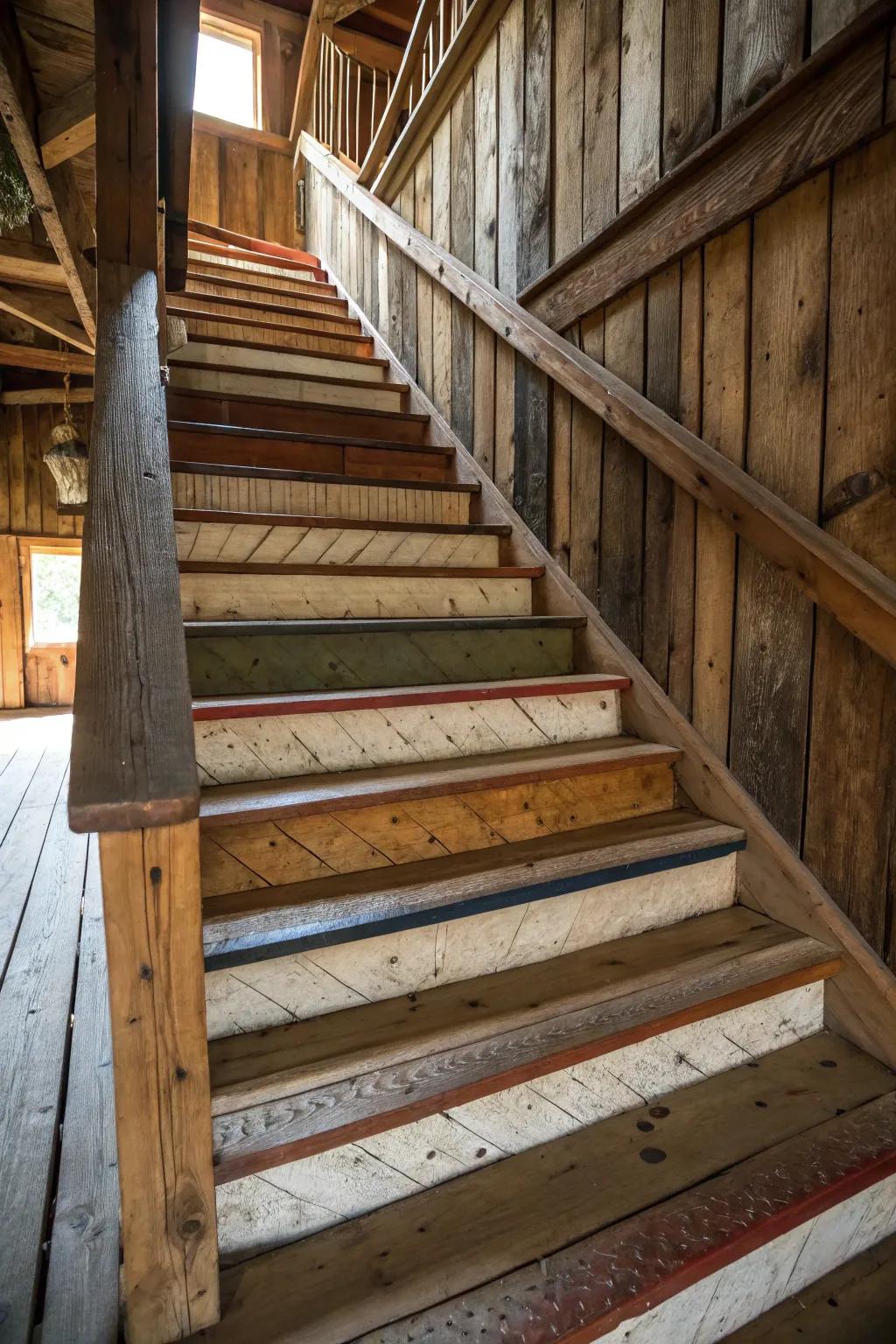 Multi-tone wood patterns add visual interest to barn stairs.