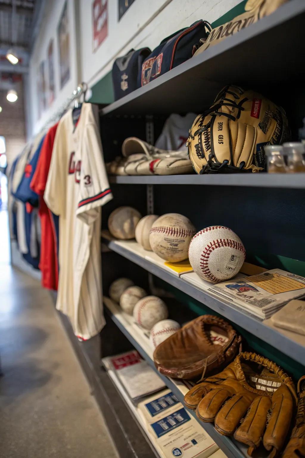 Memorabilia displays honor the history and heroes of baseball.