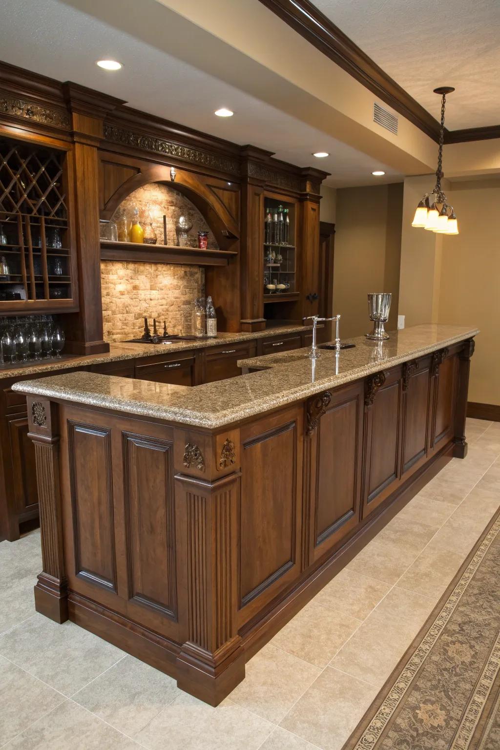 Elevate your basement bar with the perfect blend of wood, stone, and metal for a stunning craftsman finish.