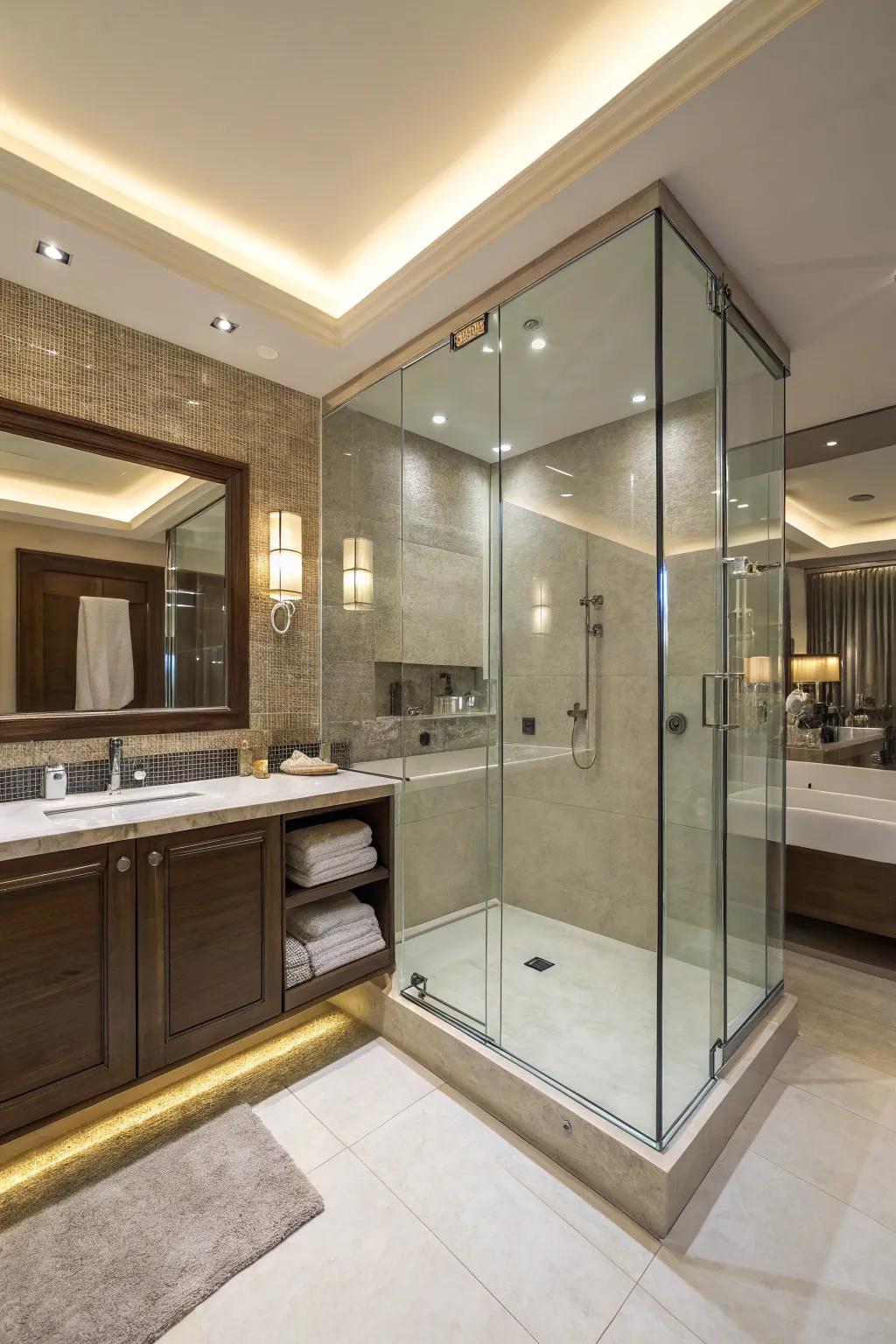 Glass-enclosed showers add a touch of elegance and maintain an open feel.