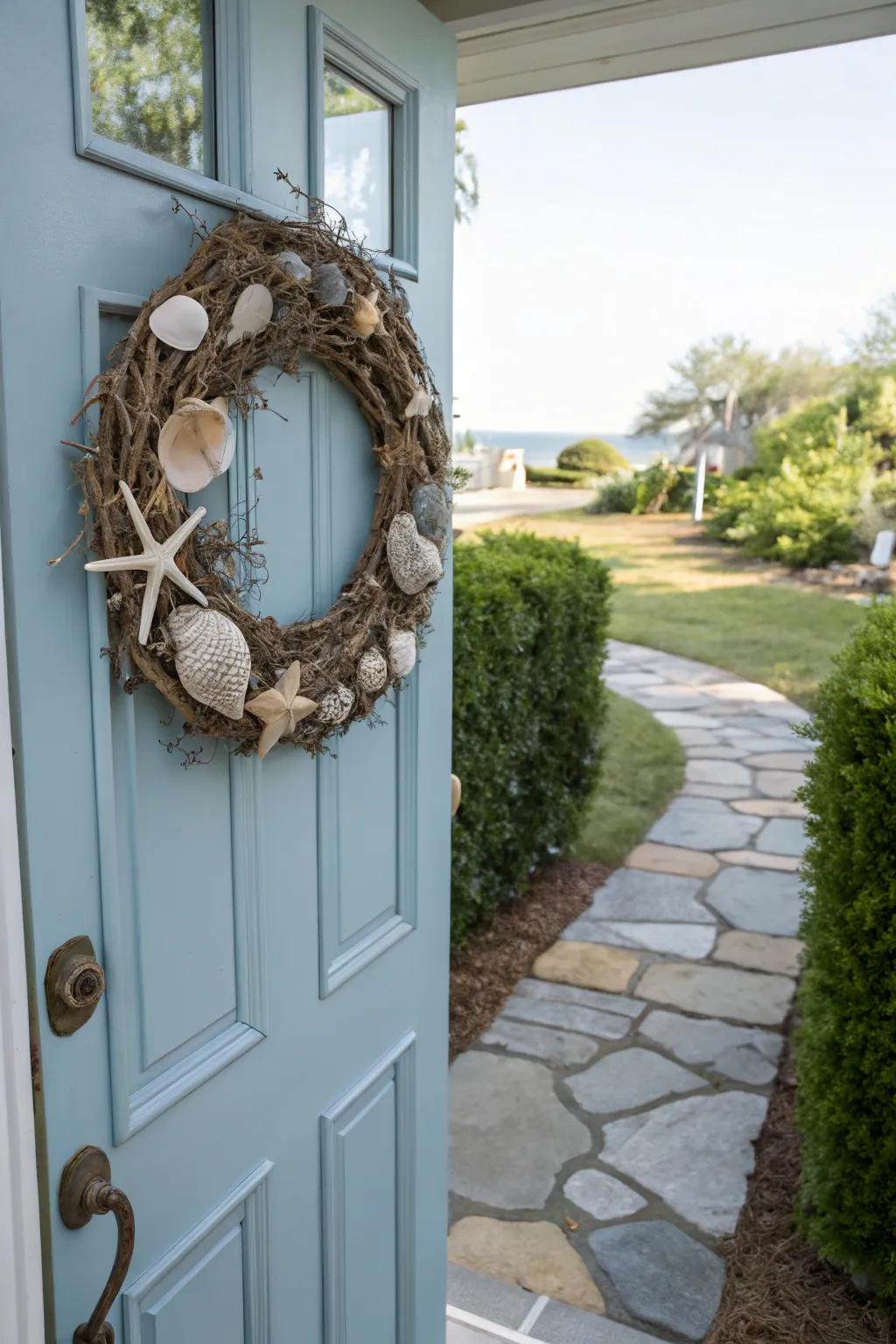 A seashell wreath adds coastal charm to your home's entrance.