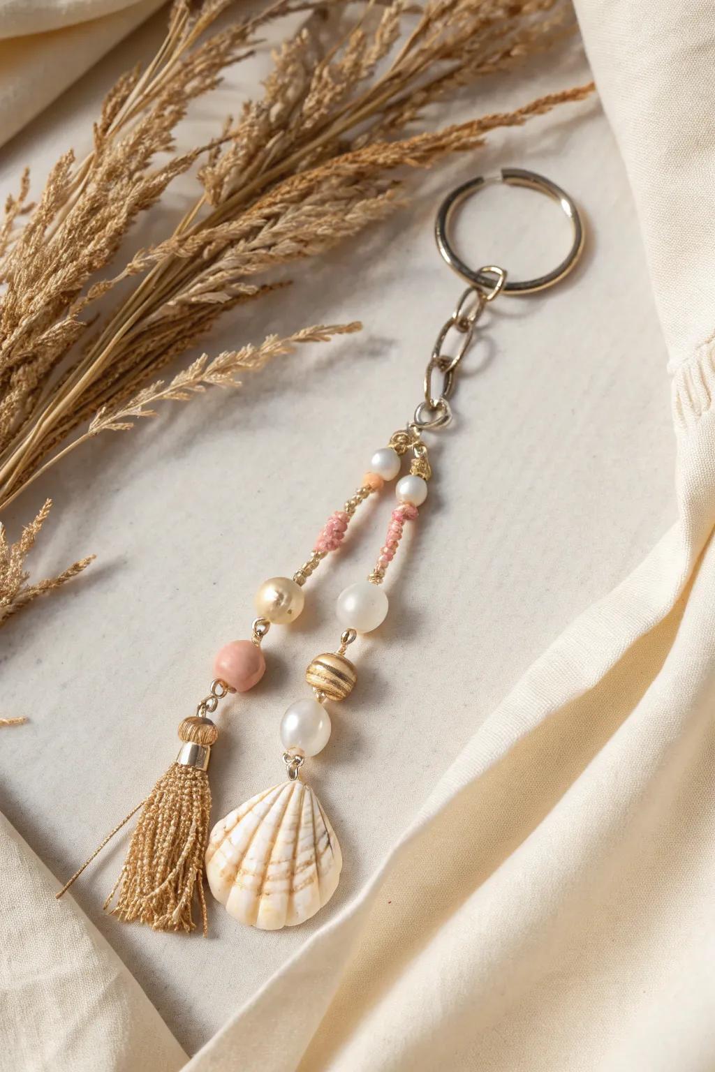Bring the beach to your fingertips with this elegant shell beaded keychain. Perfect for those who cherish simplicity and natural beauty.