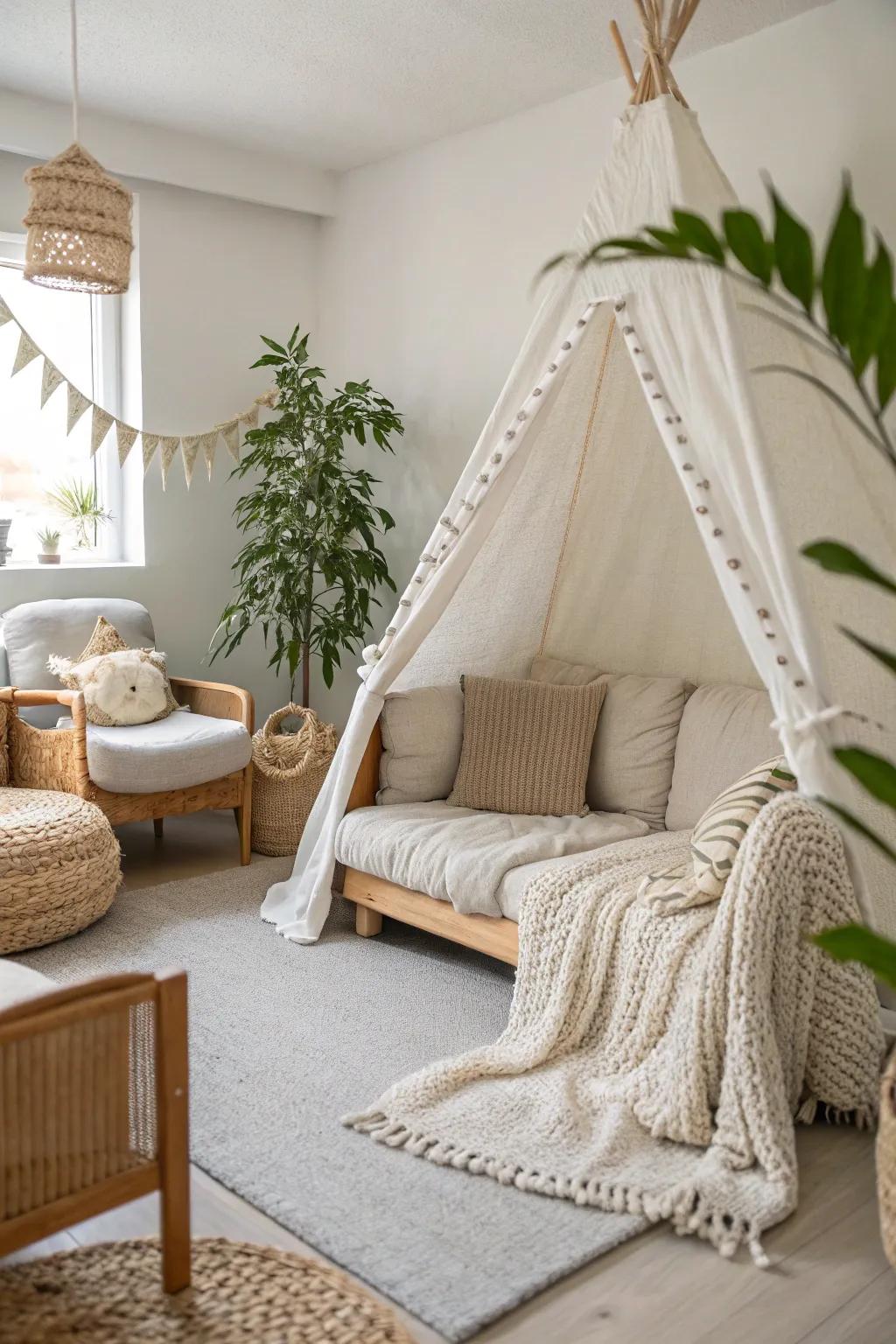 Create a cozy haven with a minimalist touch using your living room furniture as the perfect framework. #ScandiBoho #BedroomFort