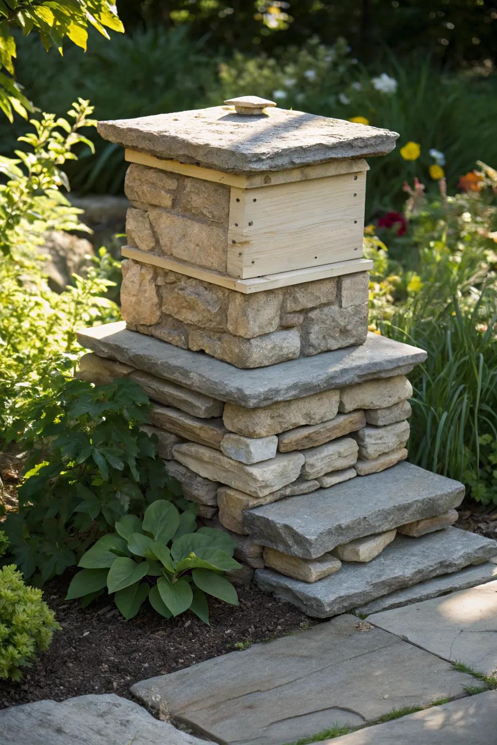 Elevate your garden with a beautifully crafted stacked stone base for your bee hive—where functionality meets natural elegance.
