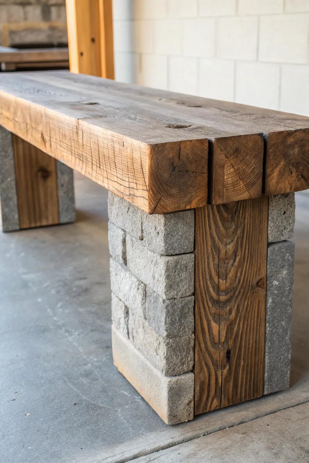 Elevate your space with the rugged charm of concrete block legs paired with artisanal woodwork.
