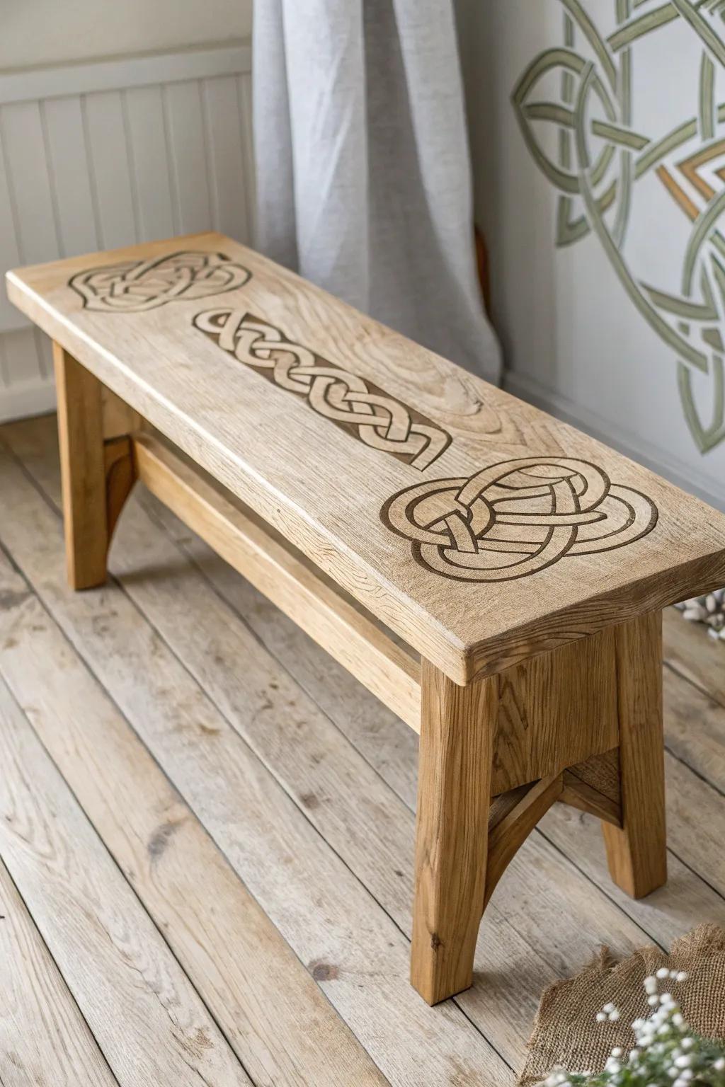 Embrace tradition with a touch of elegance—this Celtic knot bench adds a cultural story to minimalist decor.