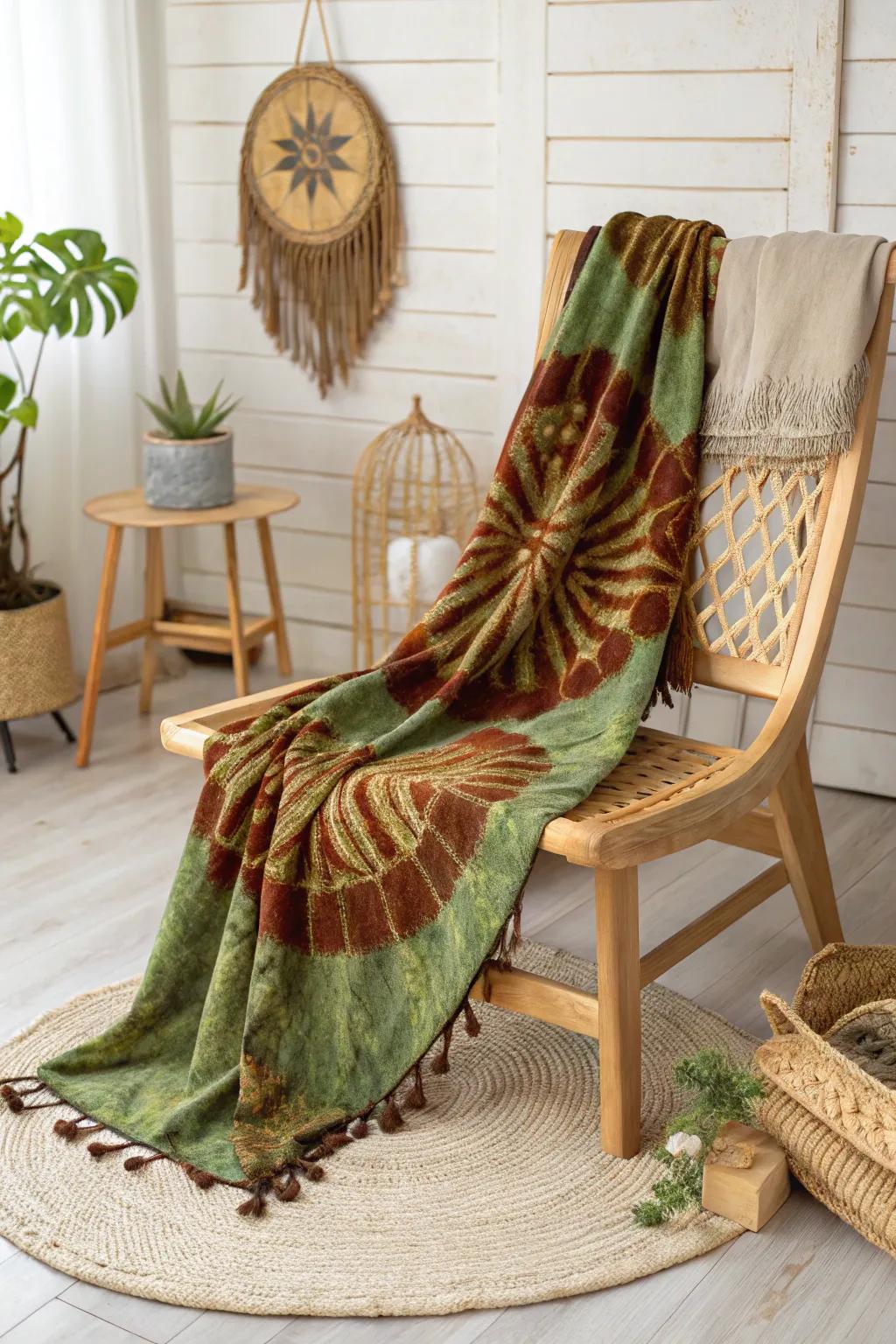 Embrace nature’s palette with this elegantly crafted tie-dye throw in moss green, chocolate brown, and rust.