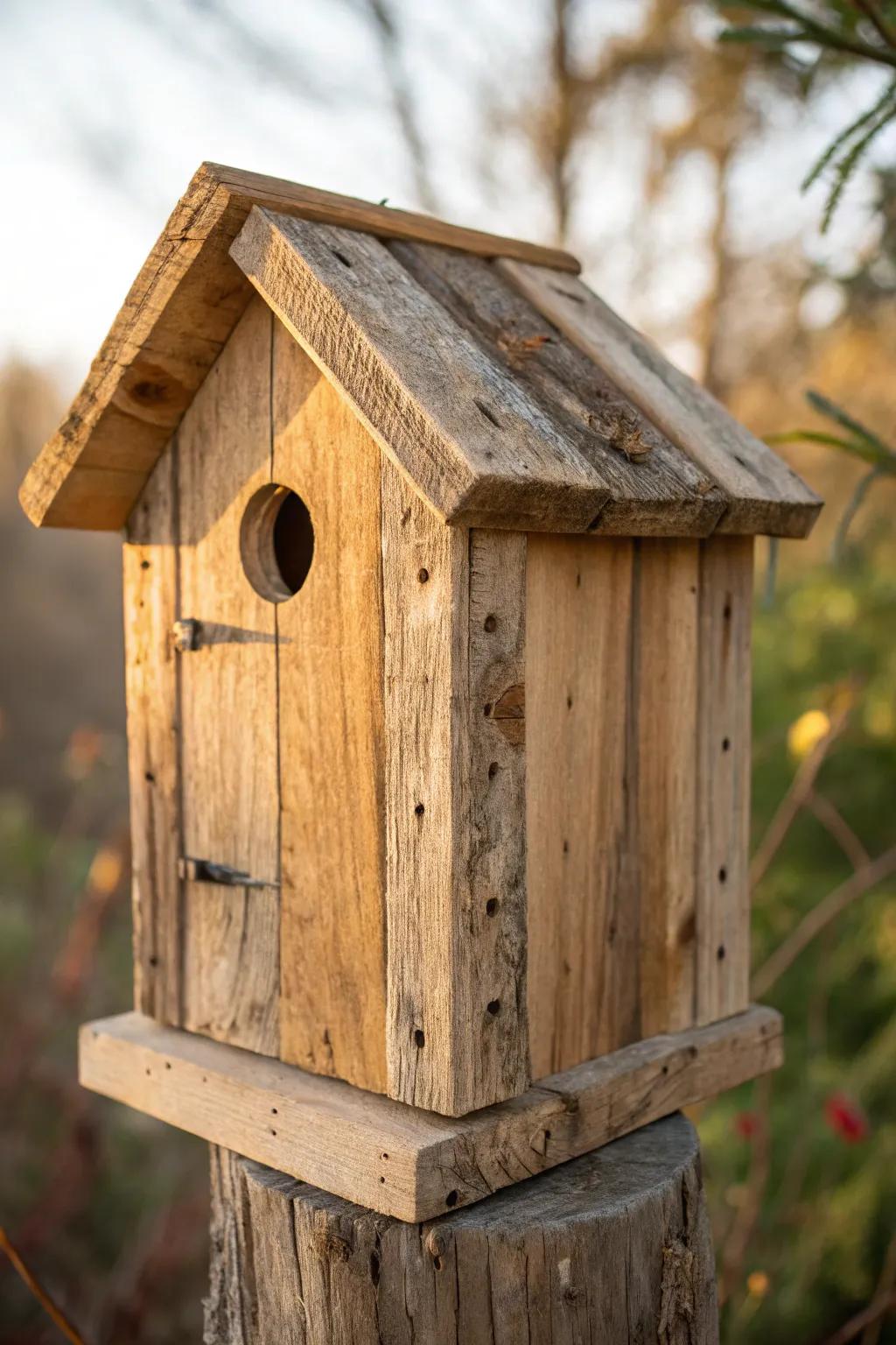 Embrace rustic charm with a pallet wood birdhouse, where craftsmanship meets nature.