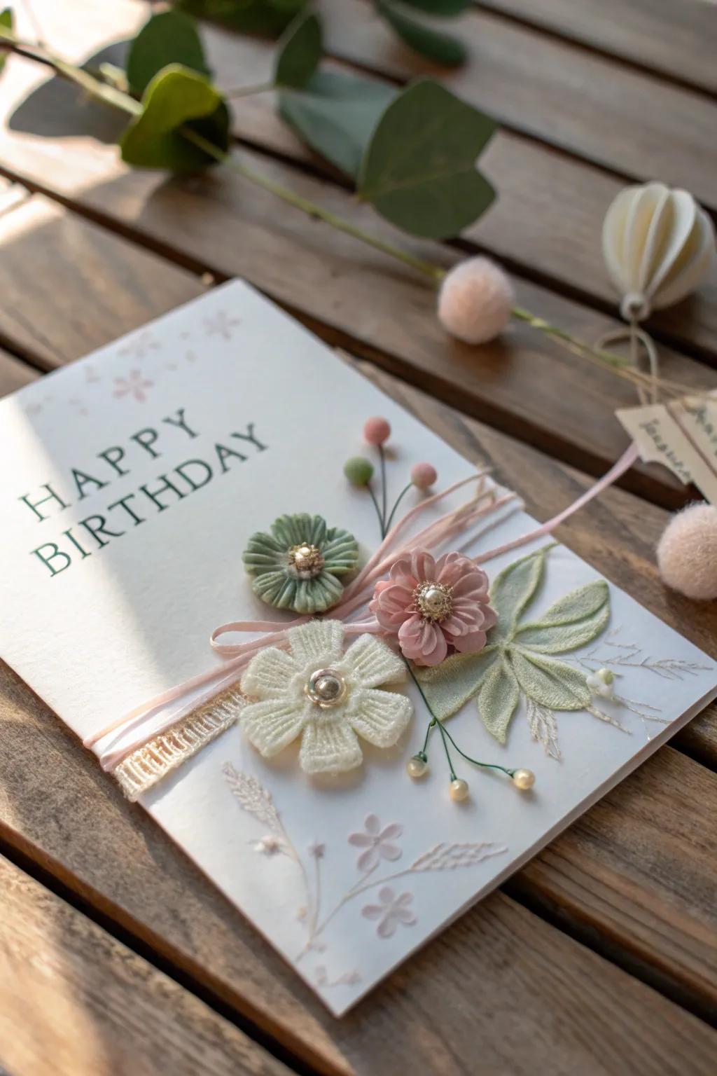 Elevate your birthday wishes with handcrafted 3D embellishments that bring a touch of nature and simplicity to your greetings.