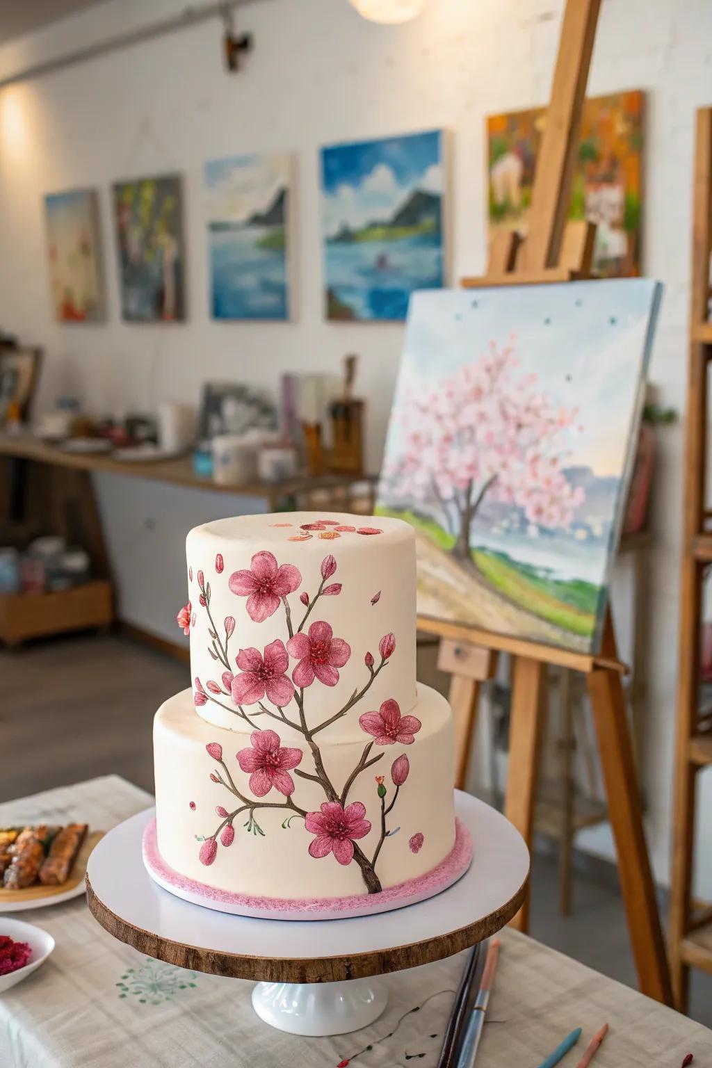 Hand-painted cherry blossoms turn this cake into a stunning piece of edible art.
