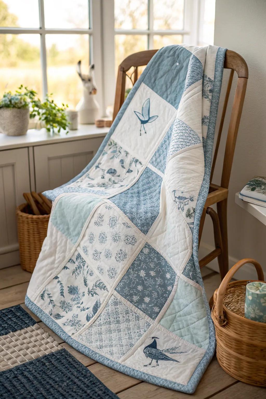 Embrace the charm of nature with this Bluebird Patchwork quilt, where Scandinavian simplicity meets boho elegance.