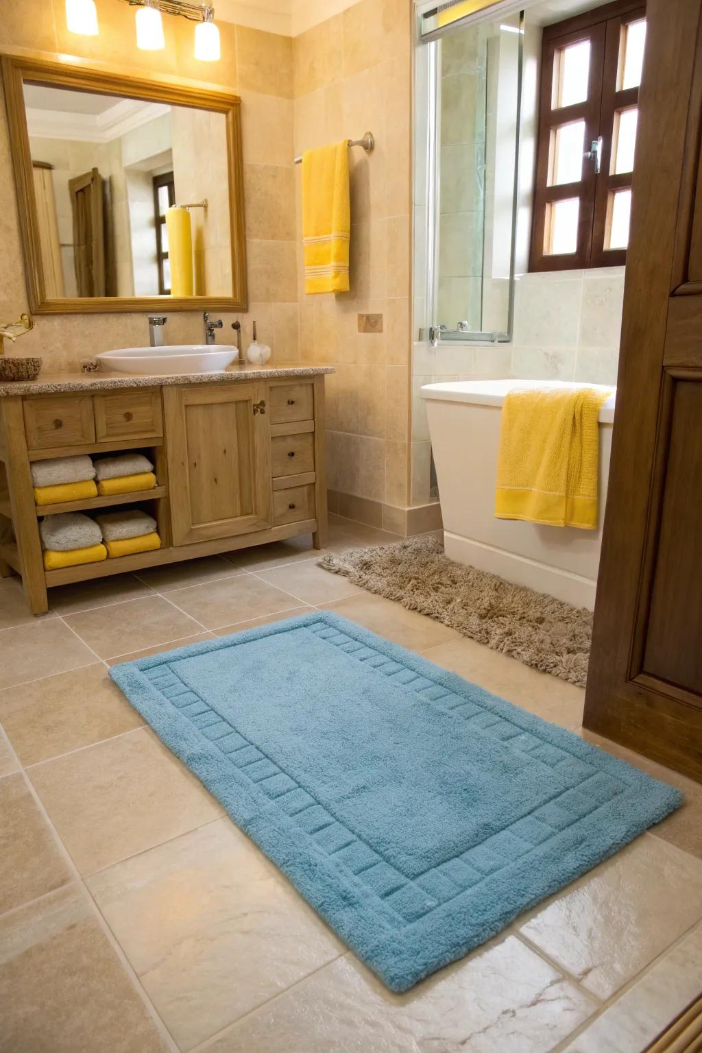 A blue rug adds comfort and ties together the bathroom's color scheme.