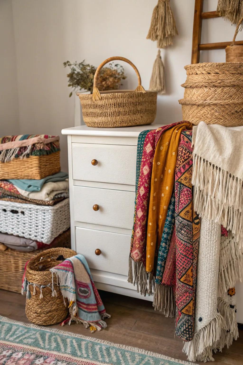 Layered textures bring warmth and depth to this boho dresser.