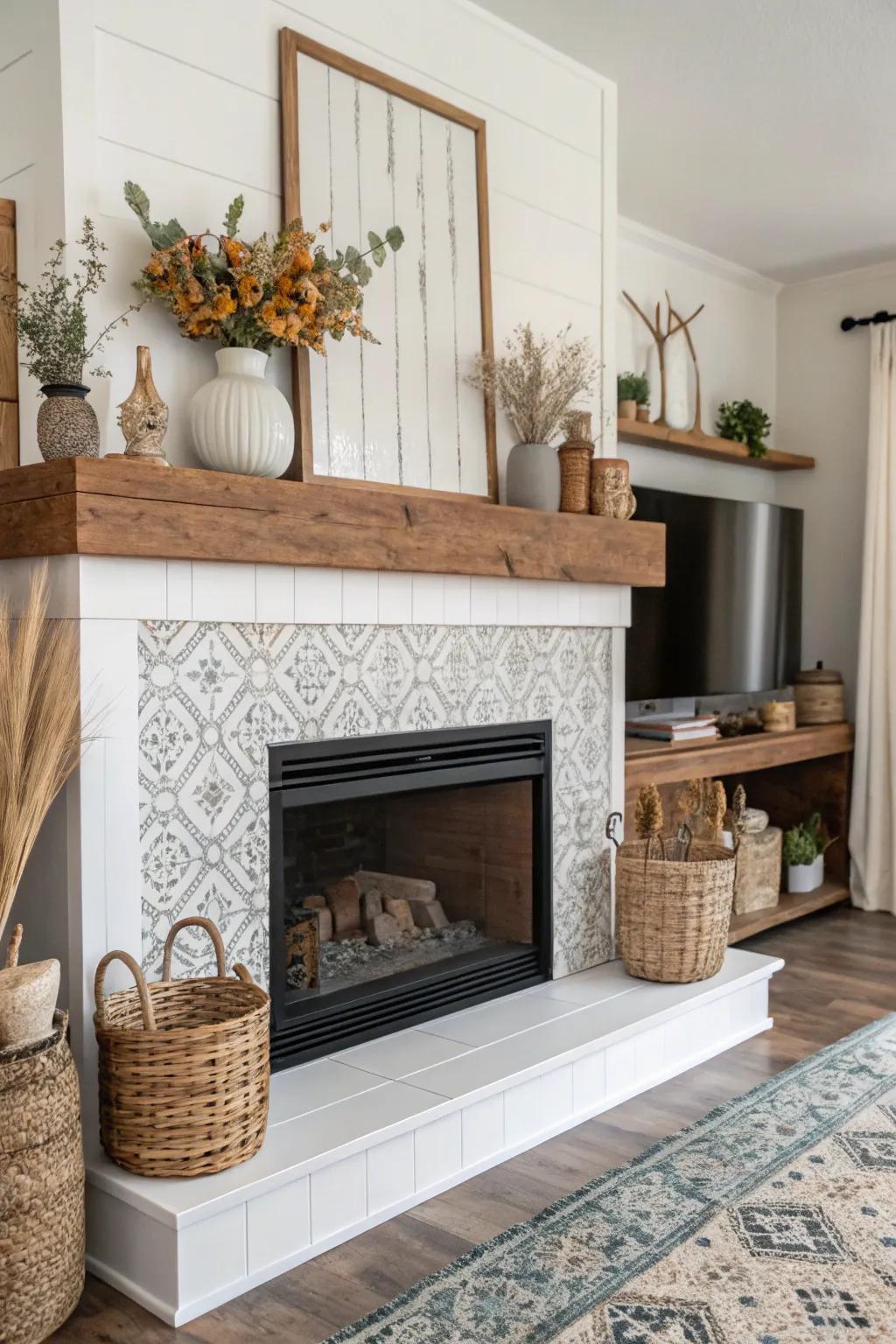 A modern bohemian fireplace with a decorative mantel, combining traditional and contemporary styles.