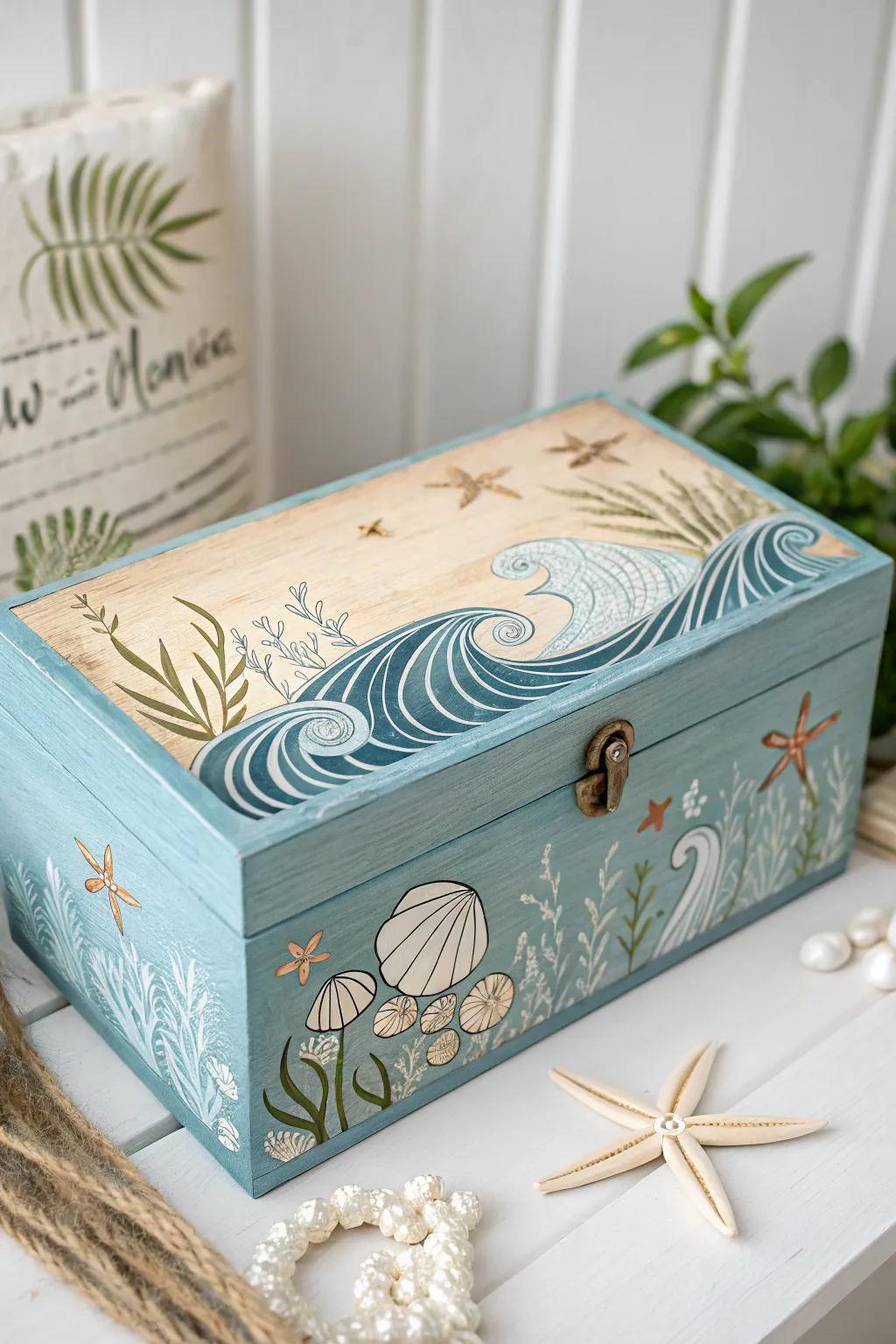 Embrace the tranquility of the ocean with this exquisitely painted nautical box, where minimalist design meets boho elegance.