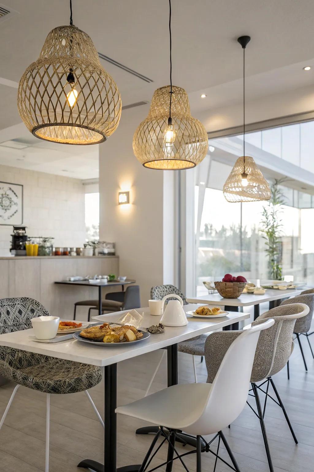 Artistic light fixtures adding flair to a breakfast area.