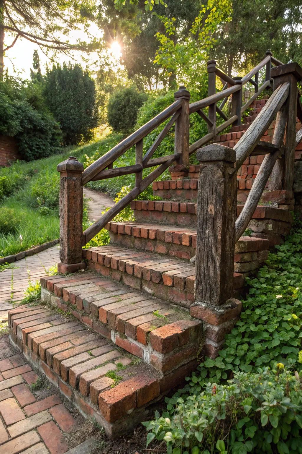 Elevate your garden with rustic charm: Brick steps and wooden railings for a cozy retreat.