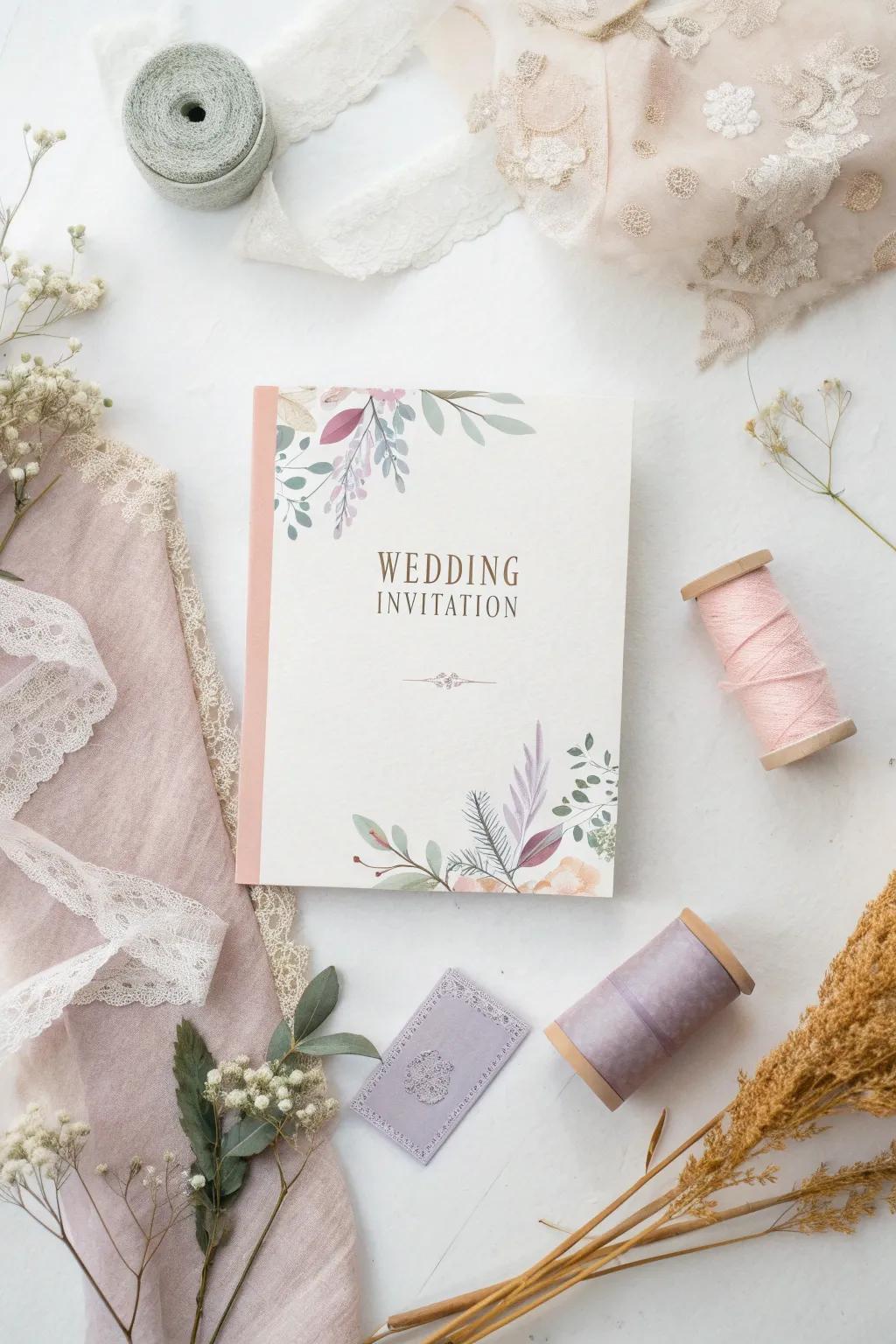 Craft your love story with pastel hues and delicate details for a timeless wedding scrapbook.