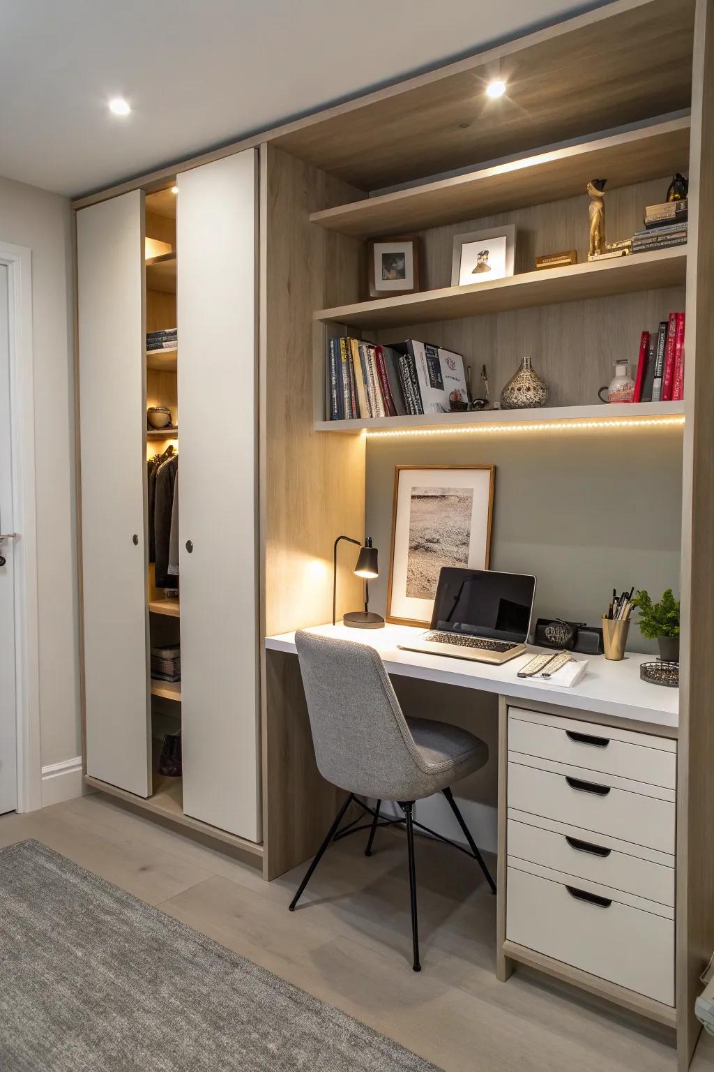 A wardrobe that doubles as a functional workspace, ideal for modern living.