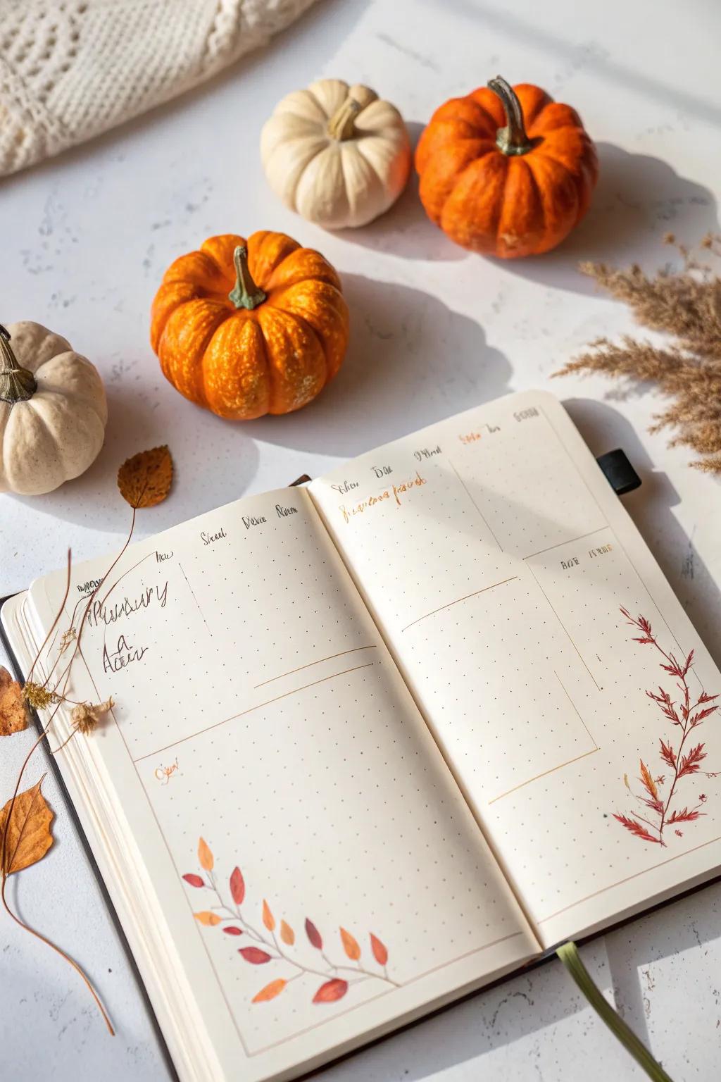 Embrace the beauty of fall in your bullet journal with warm tones and charming pumpkin doodles.