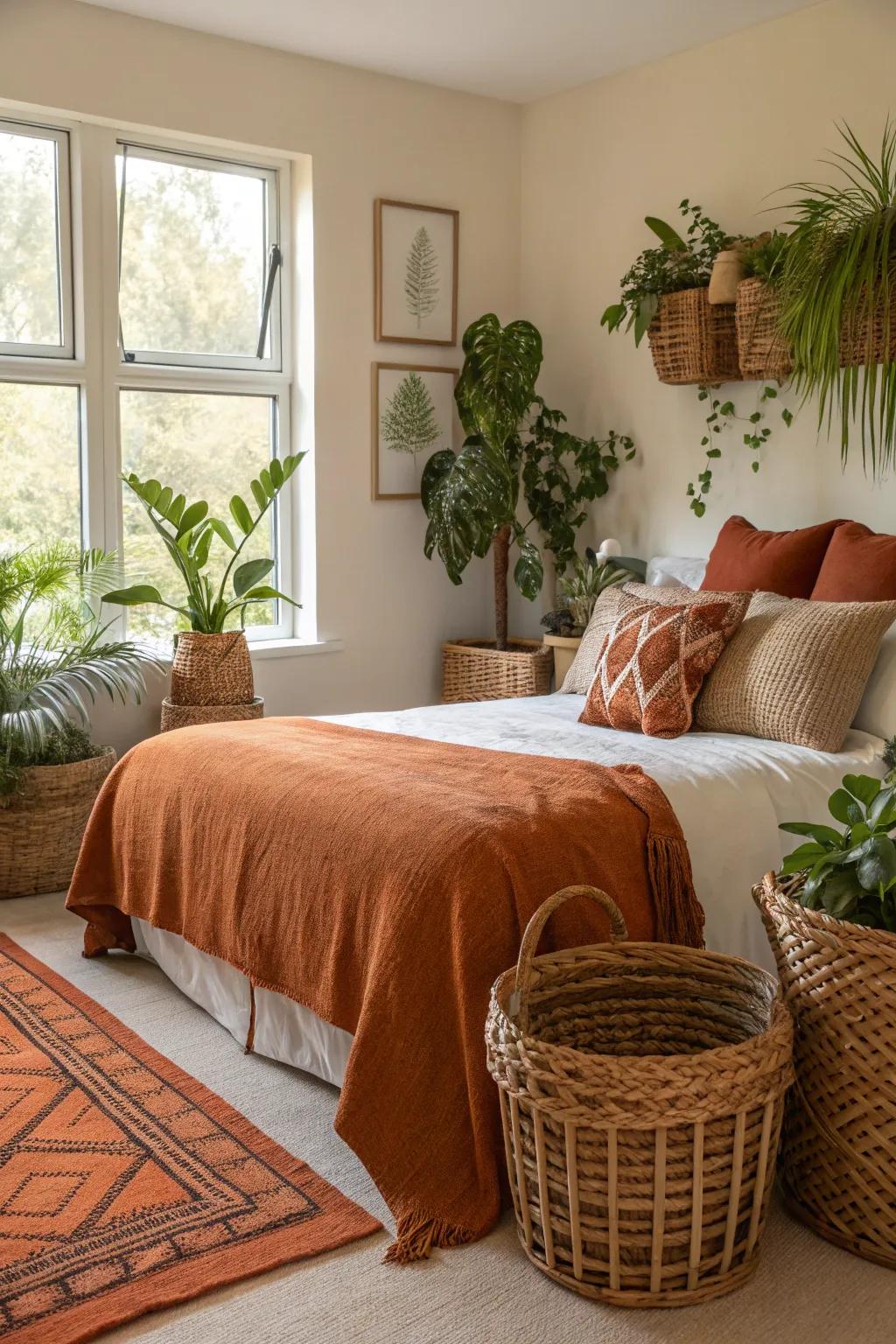 Natural elements complement the warm color palette.