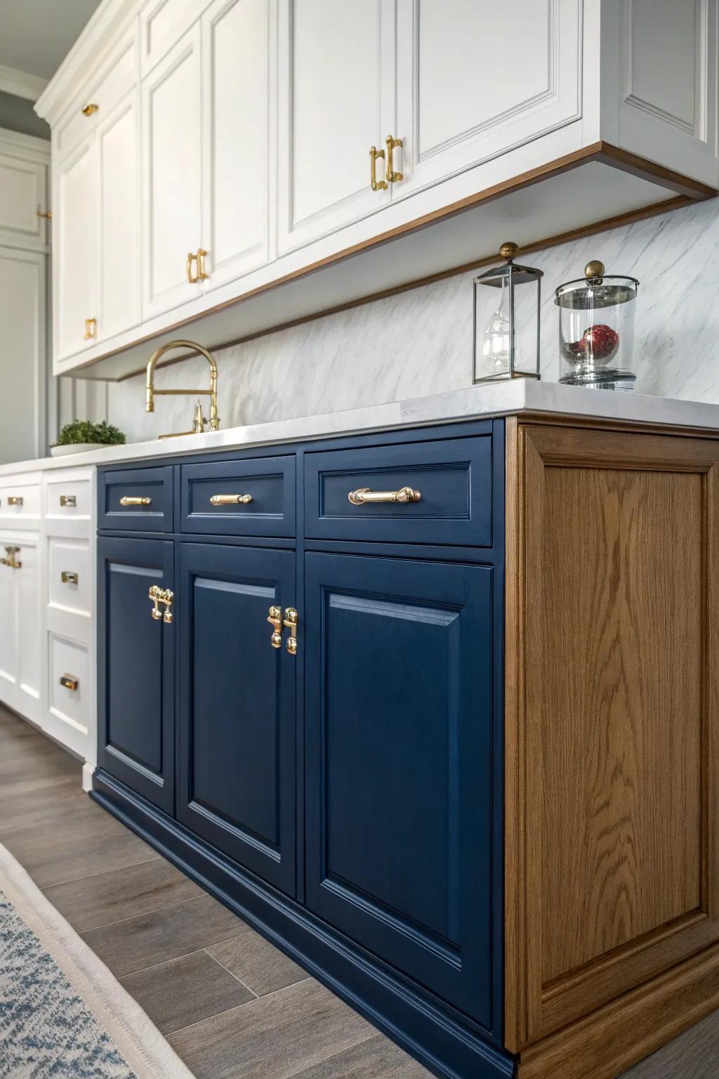 Elevate your kitchen with the sophisticated charm of two-tone cabinets. Discover the perfect blend of navy and white for a nautical touch.