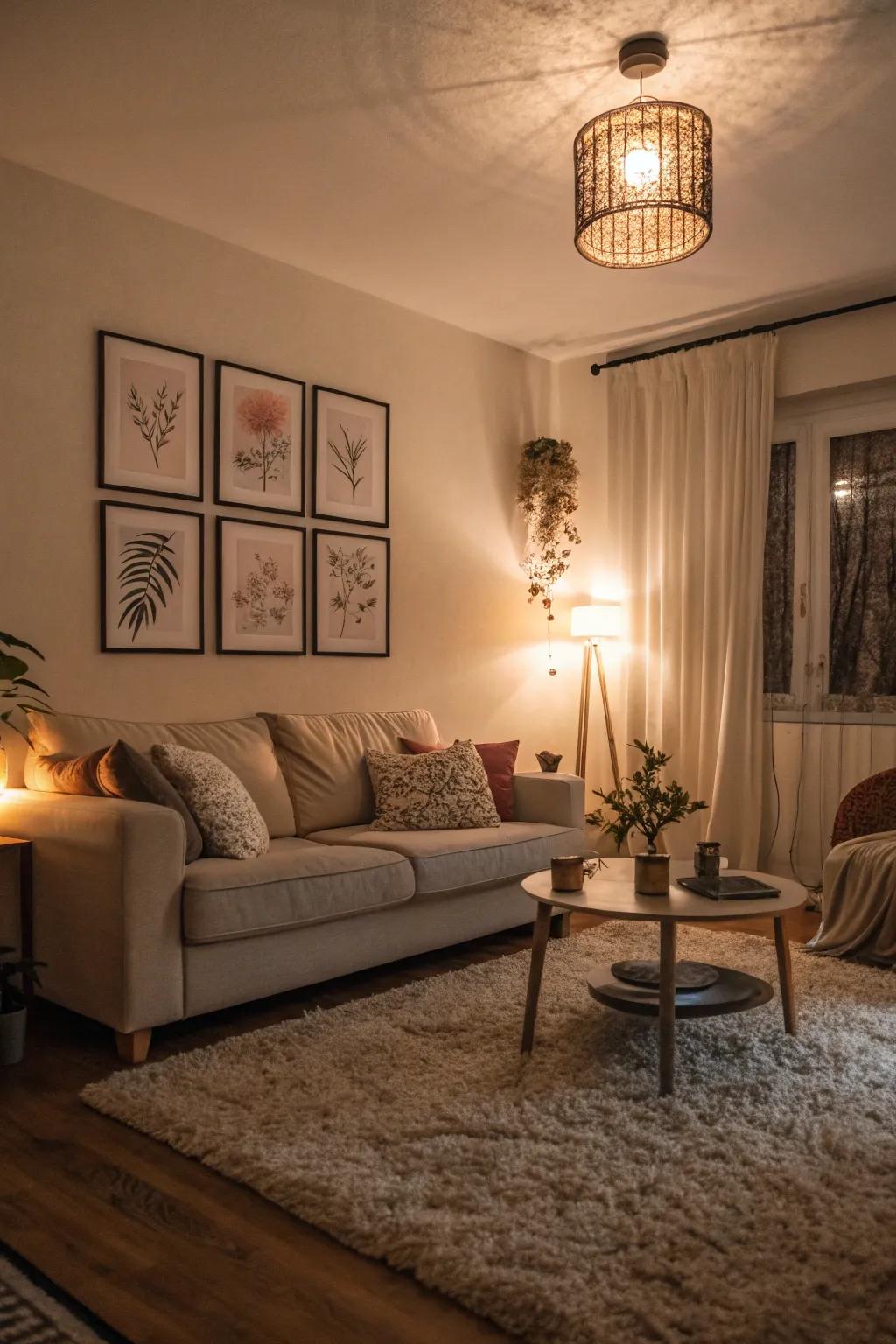 A living room with subtle decor accents enhancing tranquility.