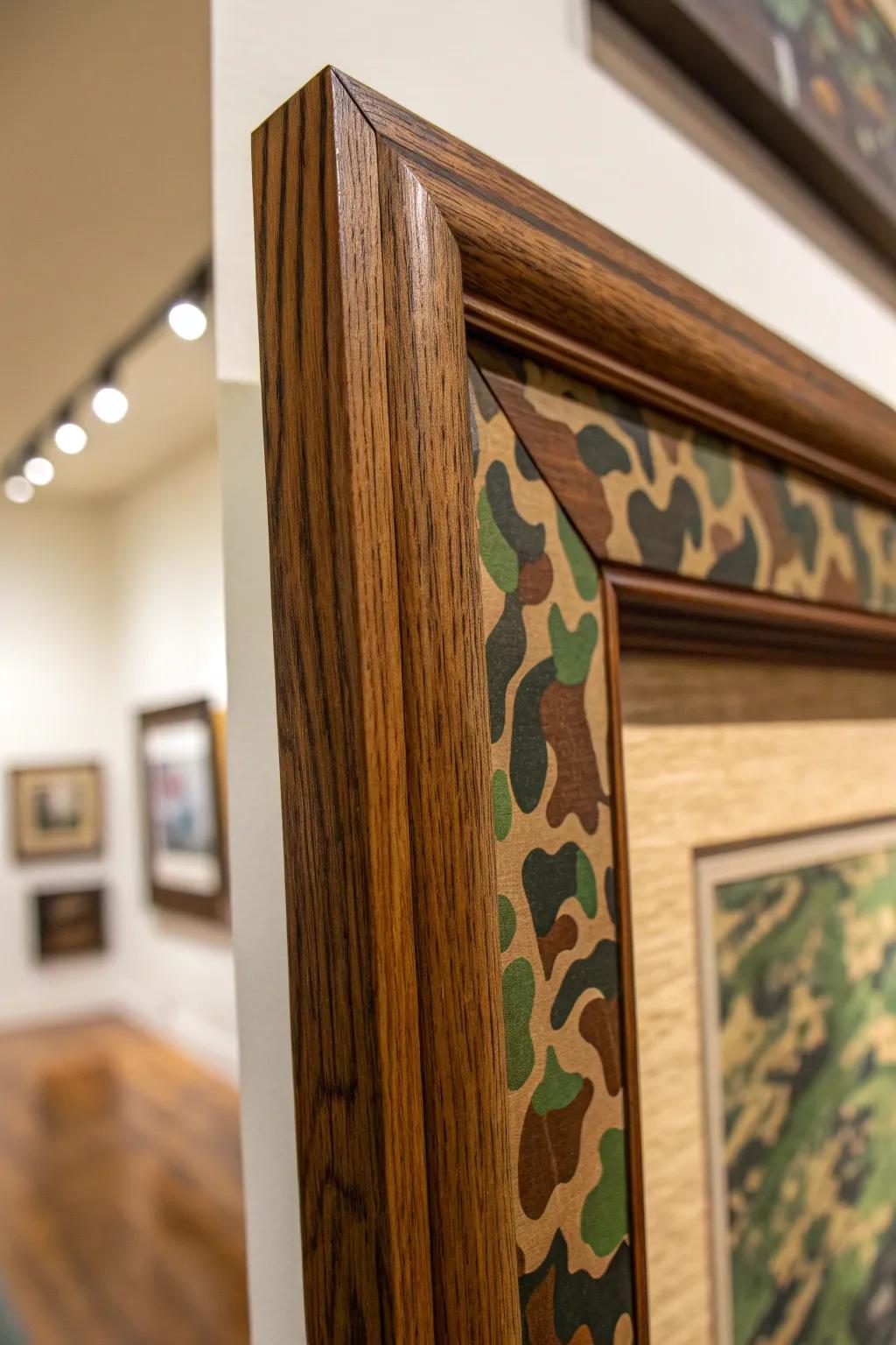 Elevate your photo wall with handcrafted camouflage frames that add just the right amount of edge.