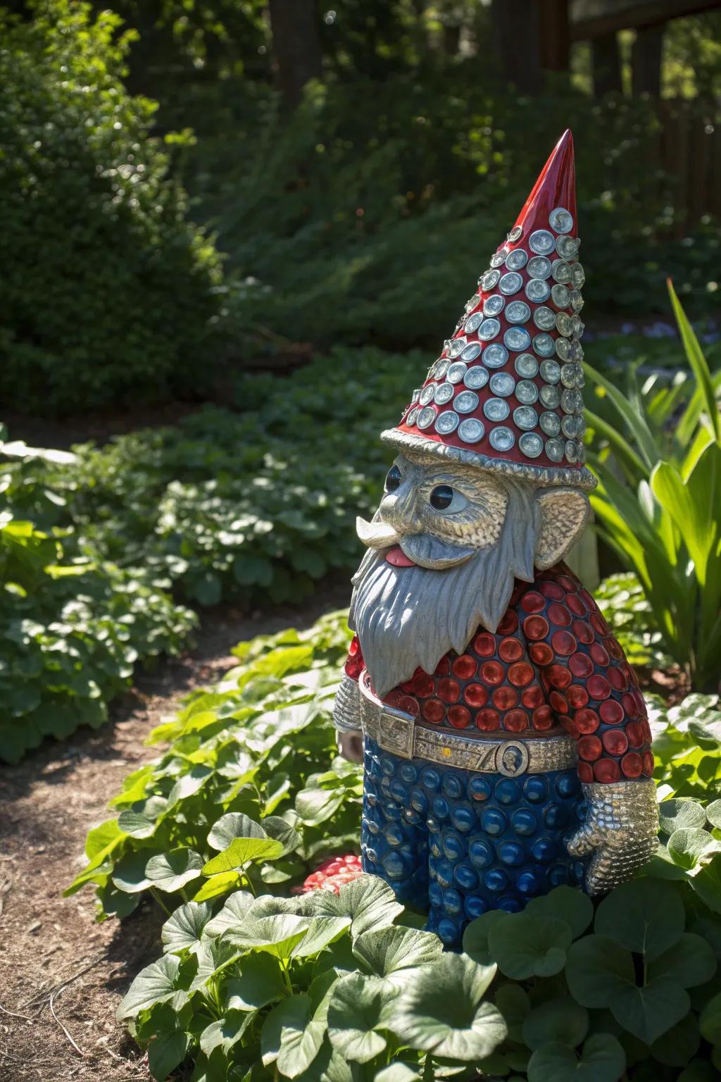 Meet your garden's new whimsical guardian: a gnome made from recycled cans, blending craftsmanship with charm.