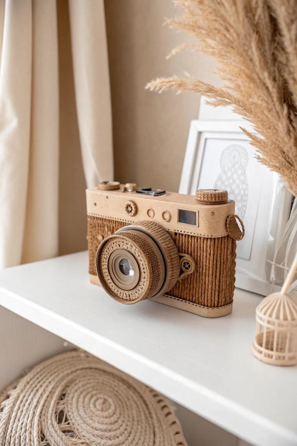 Turn everyday materials into charming shelf decor with this DIY Cardboard Camera! 📷✨