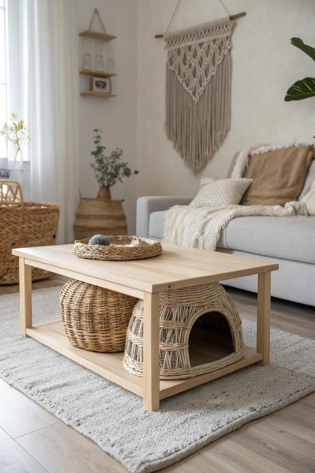 Elevate your home decor with a seamlessly integrated cat house that combines functionality and style.