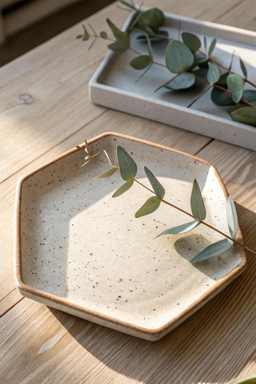 Embrace the allure of unique shapes with this stunning hexagonal ceramic platter, a perfect blend of minimalist elegance and boho charm.