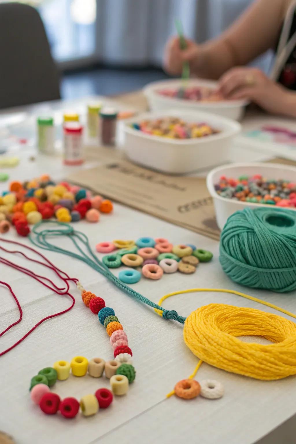 A table with string and various cereals for making cereal necklaces.