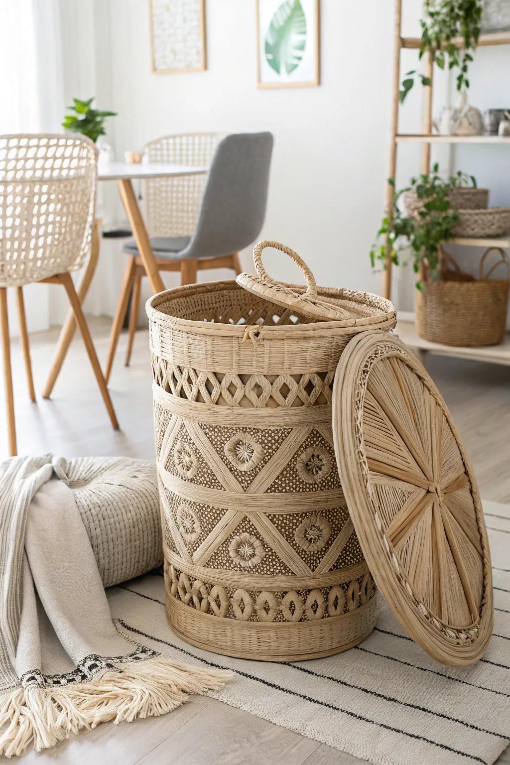 Elegantly hide your chair clutter with stylish wicker baskets, adding a rustic charm to your minimalist haven.