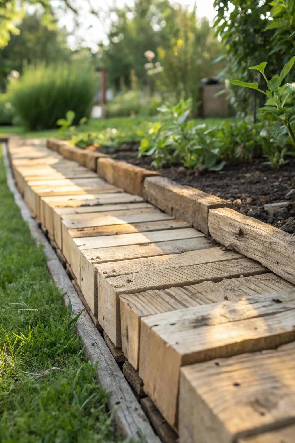 Transform your garden with rustic charm: Upcycled pallet wood edging for a natural, minimalist look.