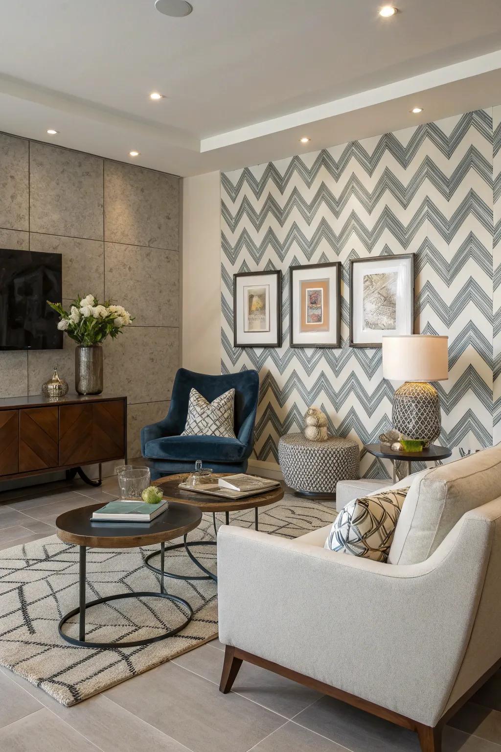 A chevron tile accent wall adds a touch of sophistication and visual interest to this living space.