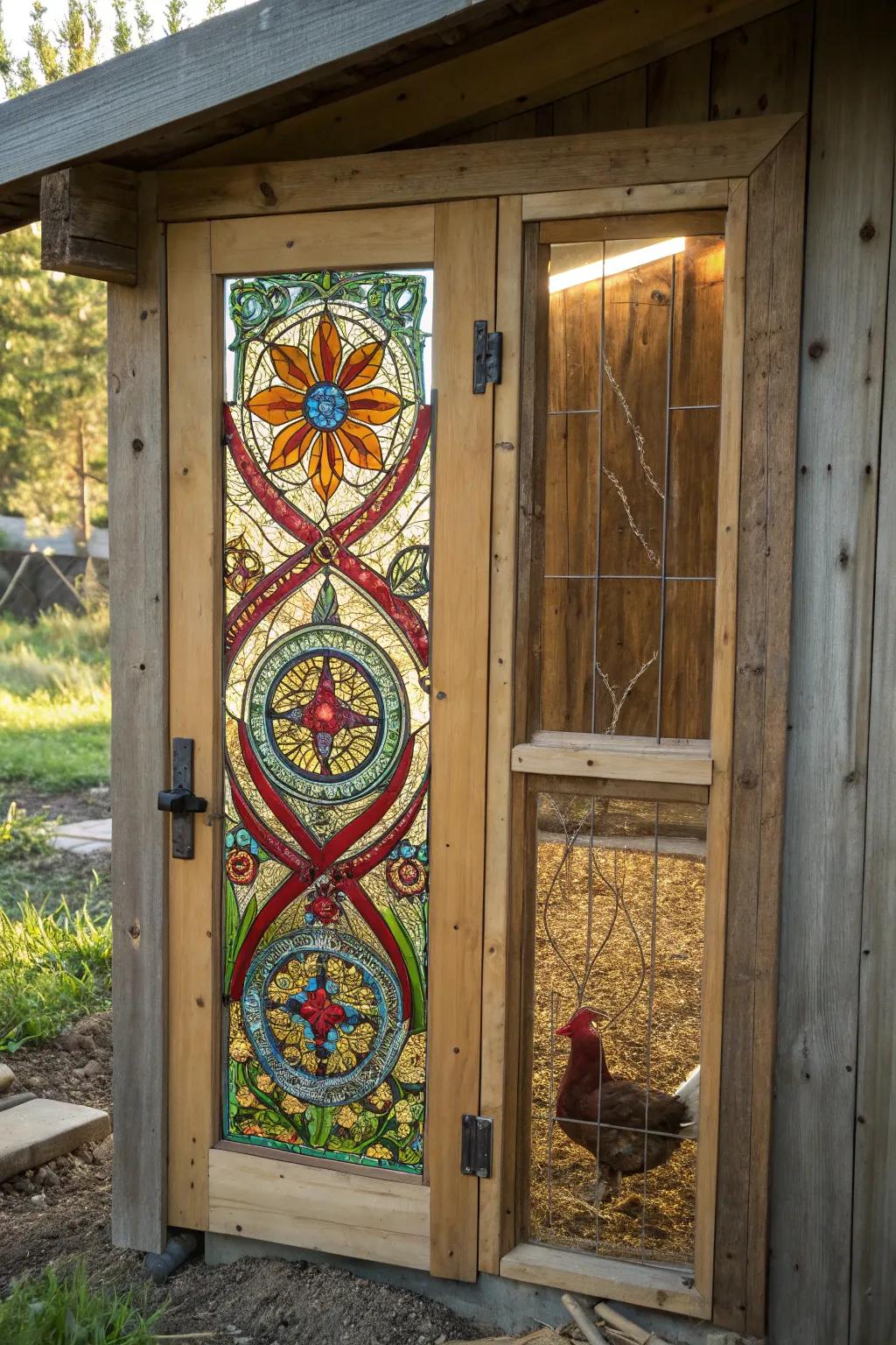 Transform your coop with an artistic stained glass door that dazzles and delights.