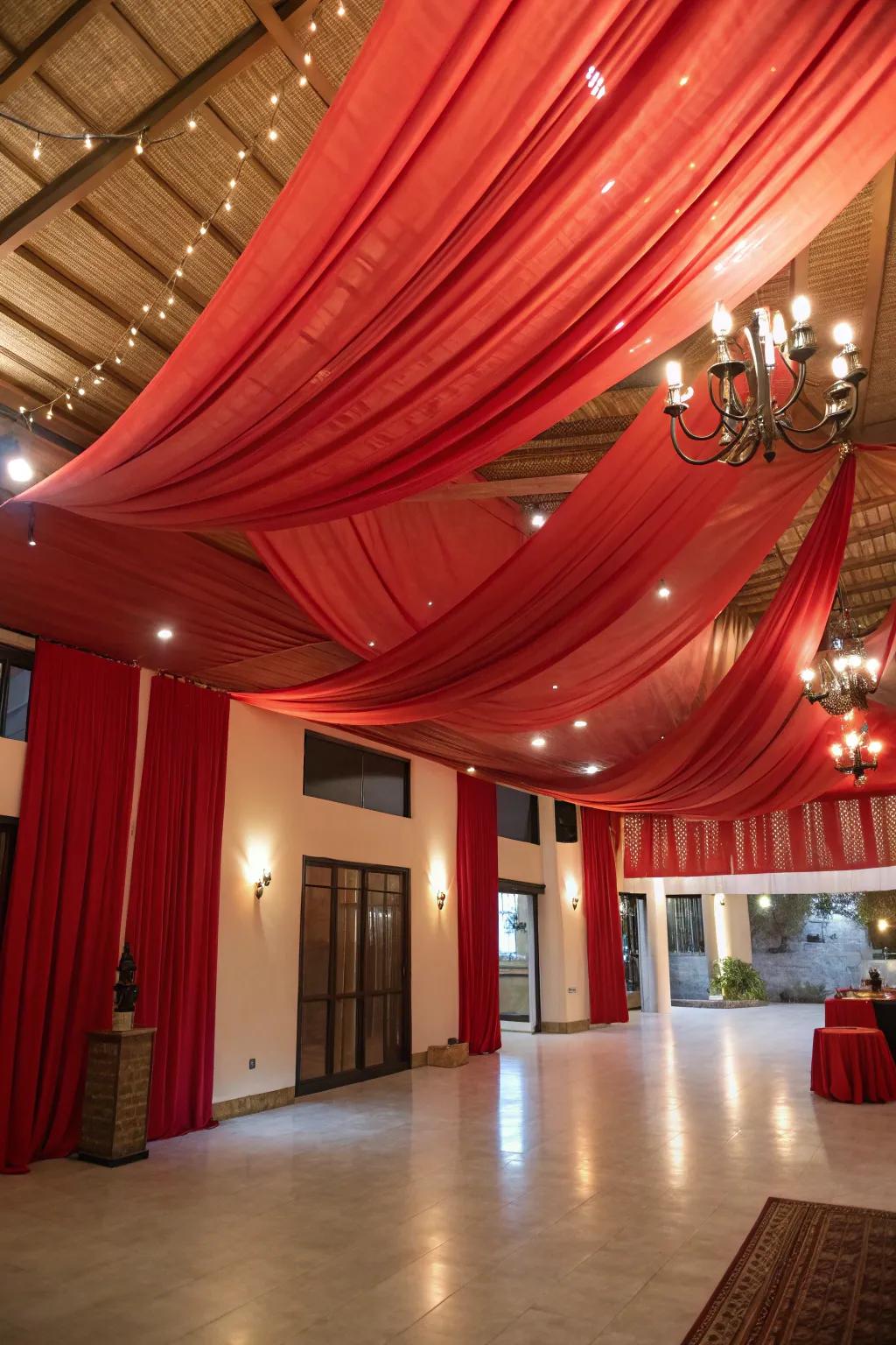 Red ceiling drapes add a bold and festive atmosphere to your home.