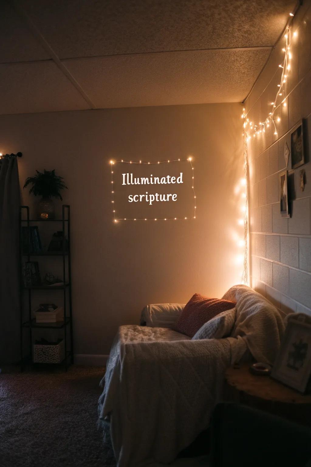 Illuminated art casts a warm, inviting glow.